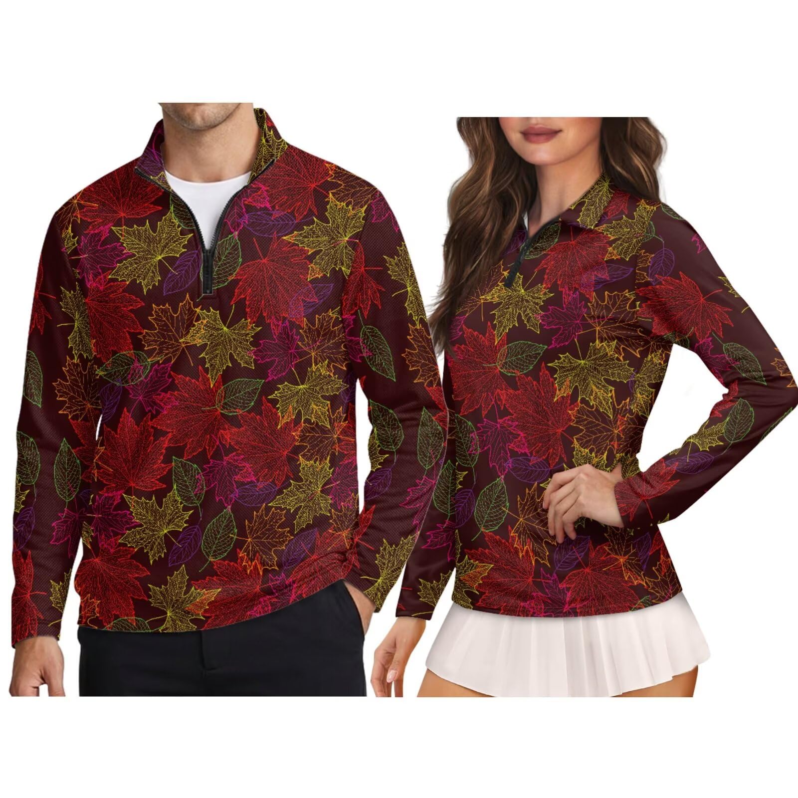 chaqlin Camisas de golf a juego para parejas, de manga larga, con cremallera, para mujer, ropa deportiva, Estampado de hojas de arce, 4XL