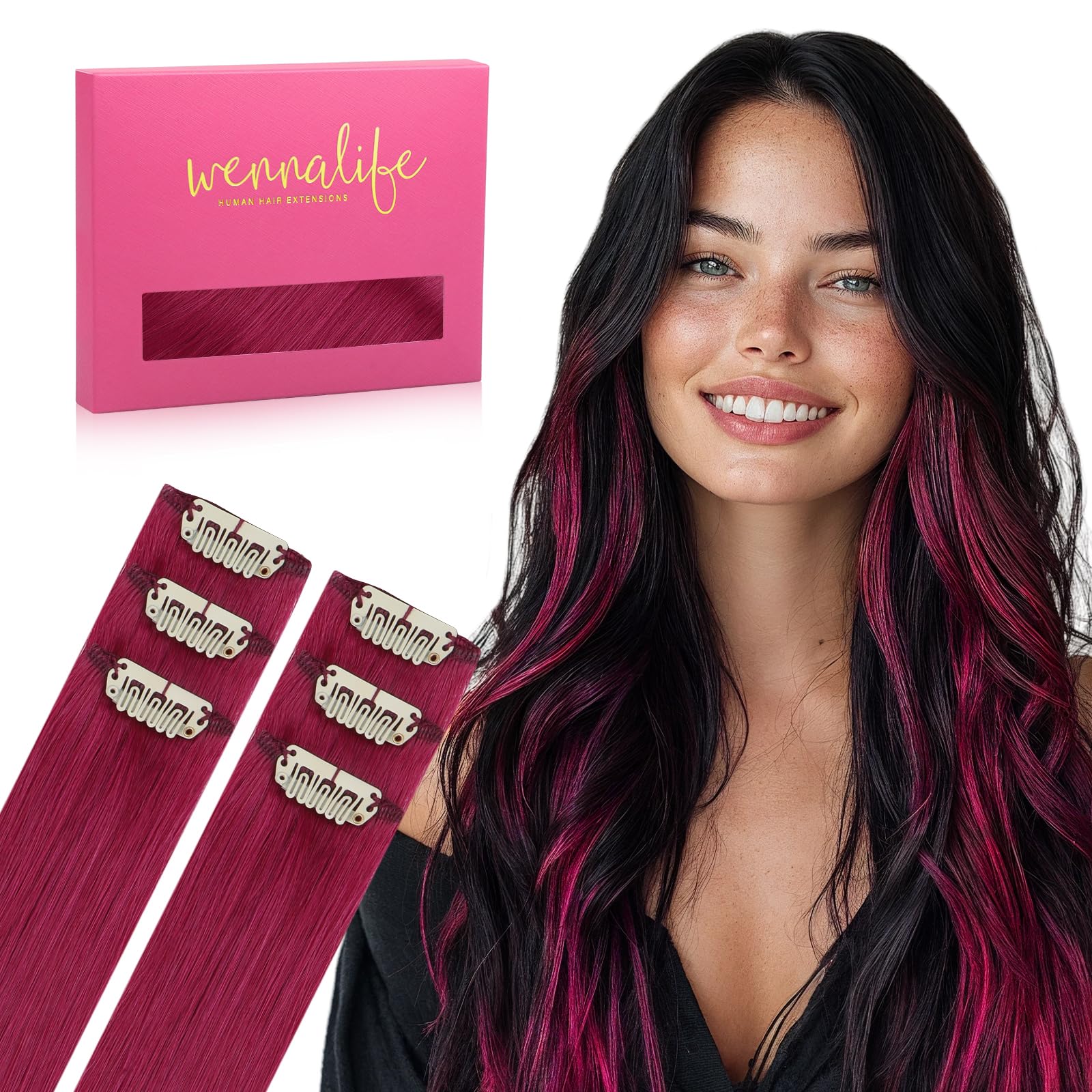 WENNALIFE Burgundy Red Clip in Hair Extensions Real Human Hair 35g 6pcs 22 Inch Colored Hair Extensions for Kids Women Colorful Hair Pieces Pop-up