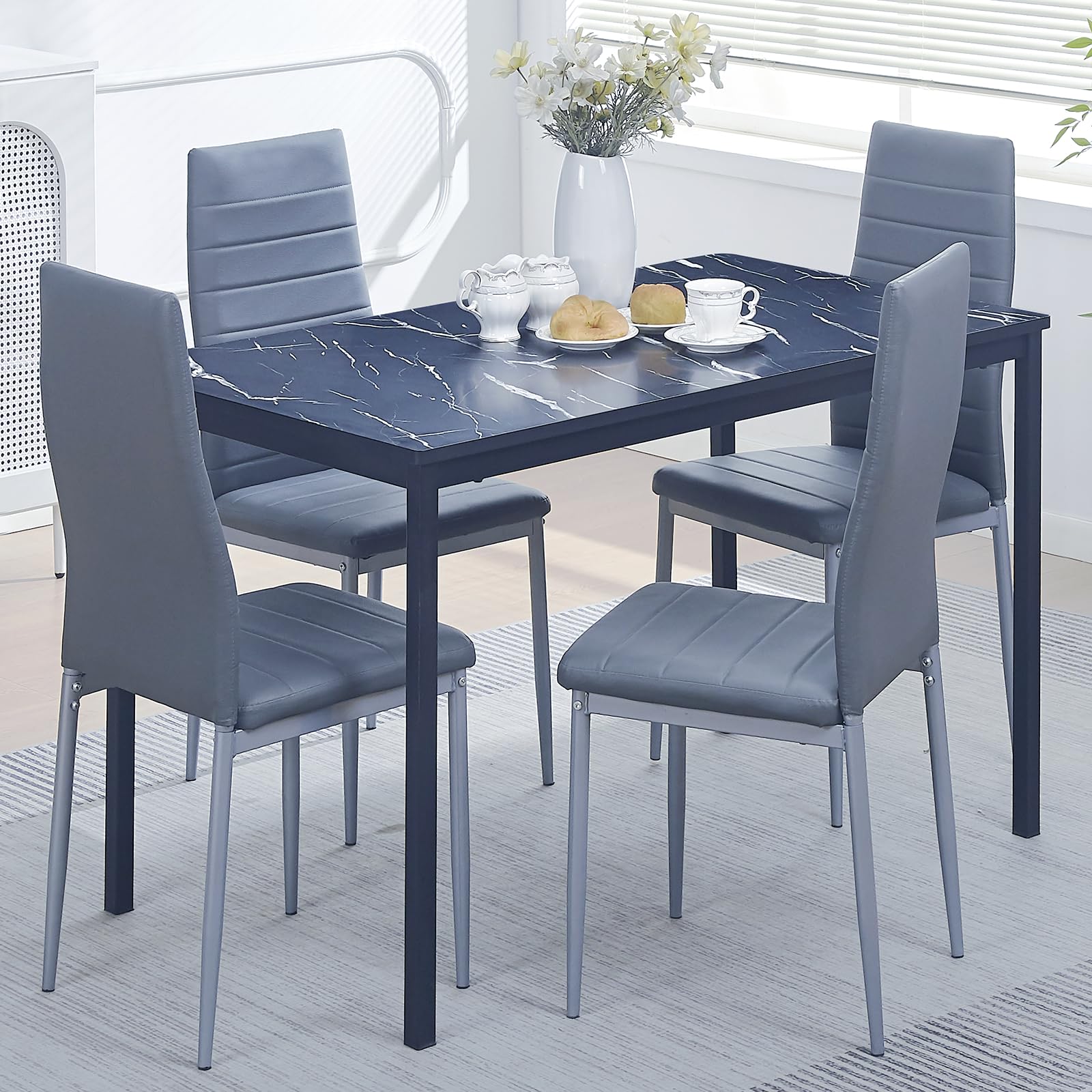 paonne 5-Pieces Marble Effect Dining Room Set for 4 Modern & Contemporary Black Wooden Kitchen Table with 4 Could Grey PU Chairs for Home Kitchen/Small Space/Apartment