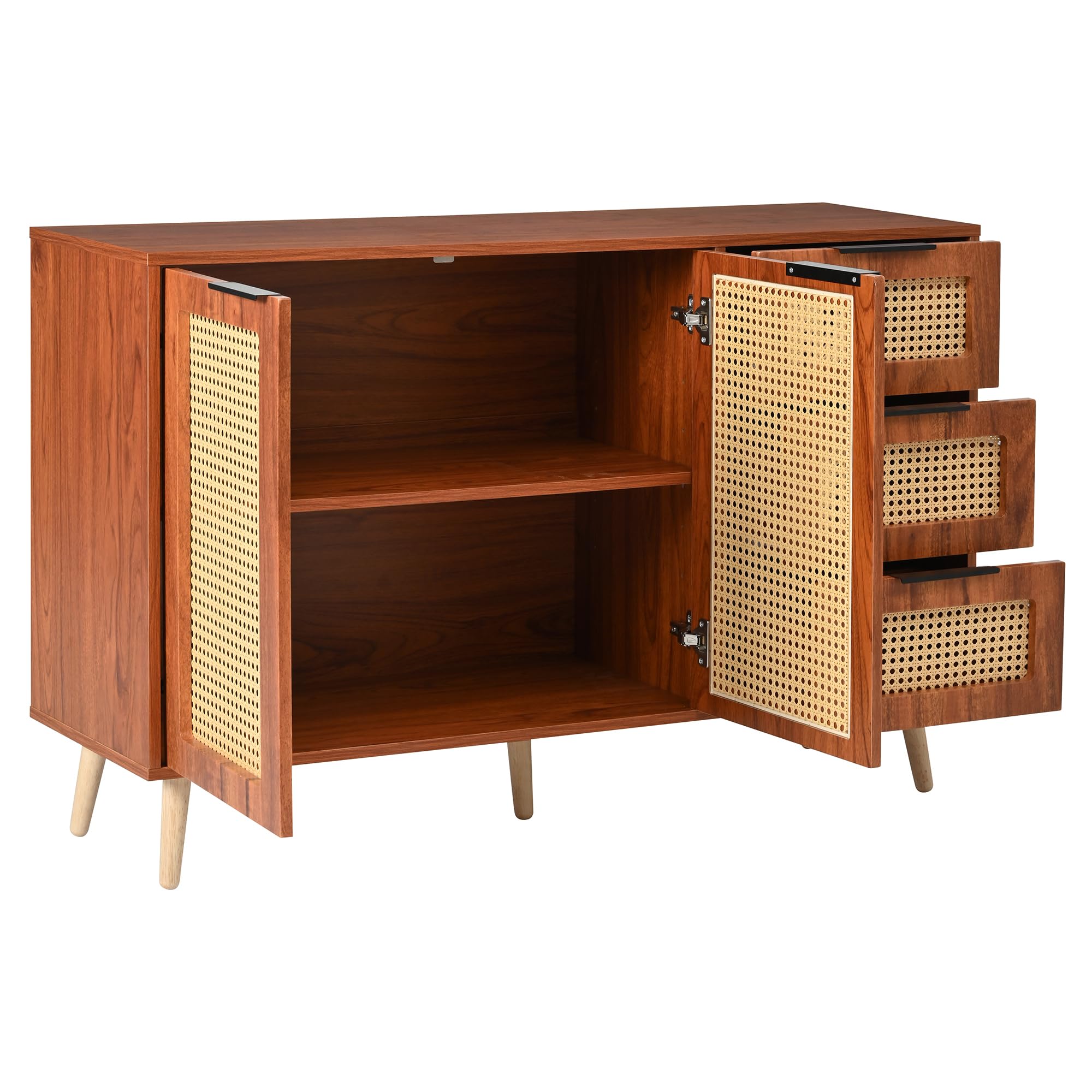 Moimhear Aparador vintage de ratán con 2 puertas y 3 cajones, equipado con asas negras para comedor, cocina y salón (nogal)
