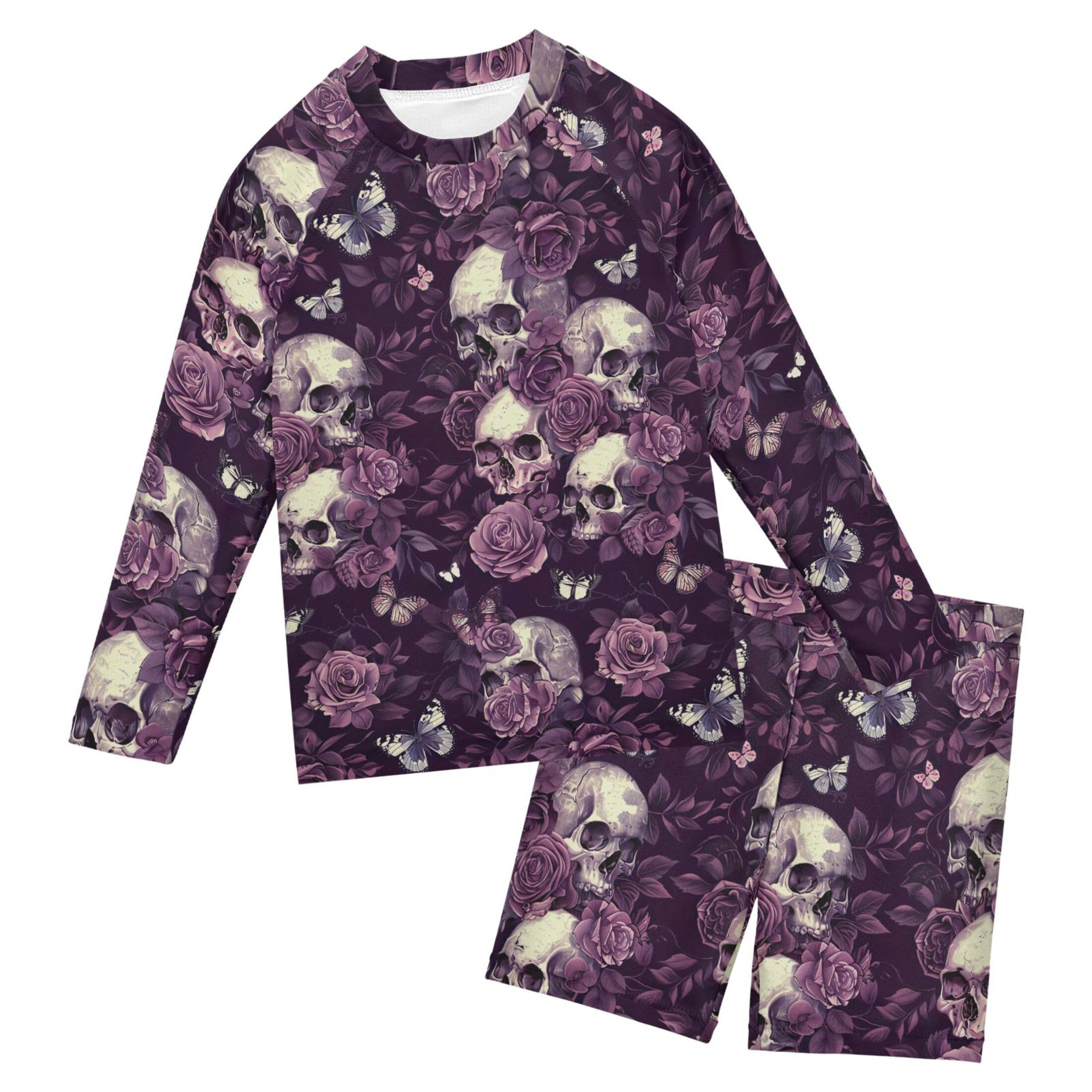 Sugar Skull Skeleton Flowers Toddler Boys' 2-Piece Swimsuit Trunk, Long Sleeve Rashguard Bathing Suit B0403718