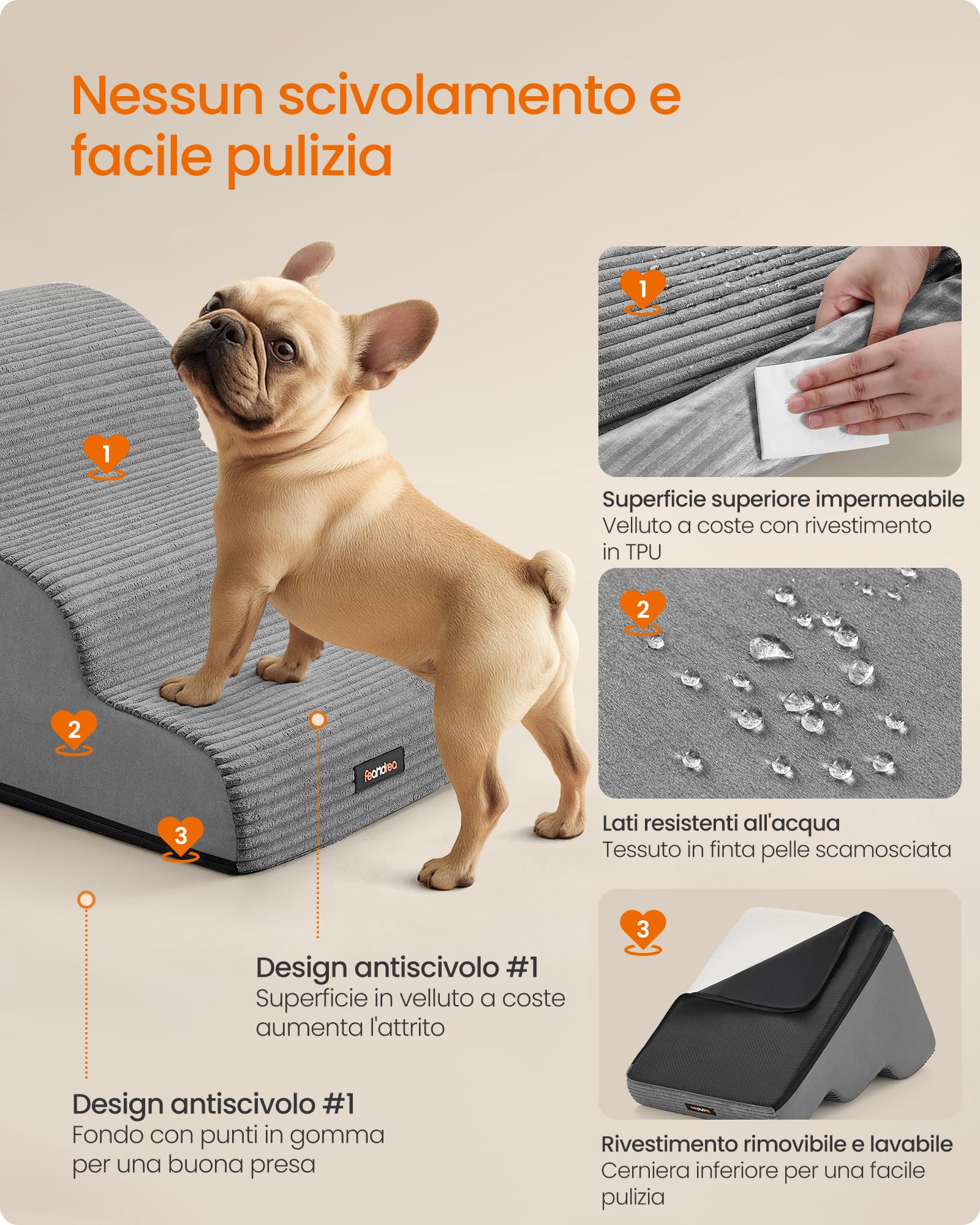Feandrea Scala a 3 Gradini per Cani, Pendenza per Letto, Divano, Scaletta per Animali Domestici Impermeabile e Antiscivolo, Copertura Sfoderabile e Lavabile, Maniglia, Grigio Tortora PPS003G01