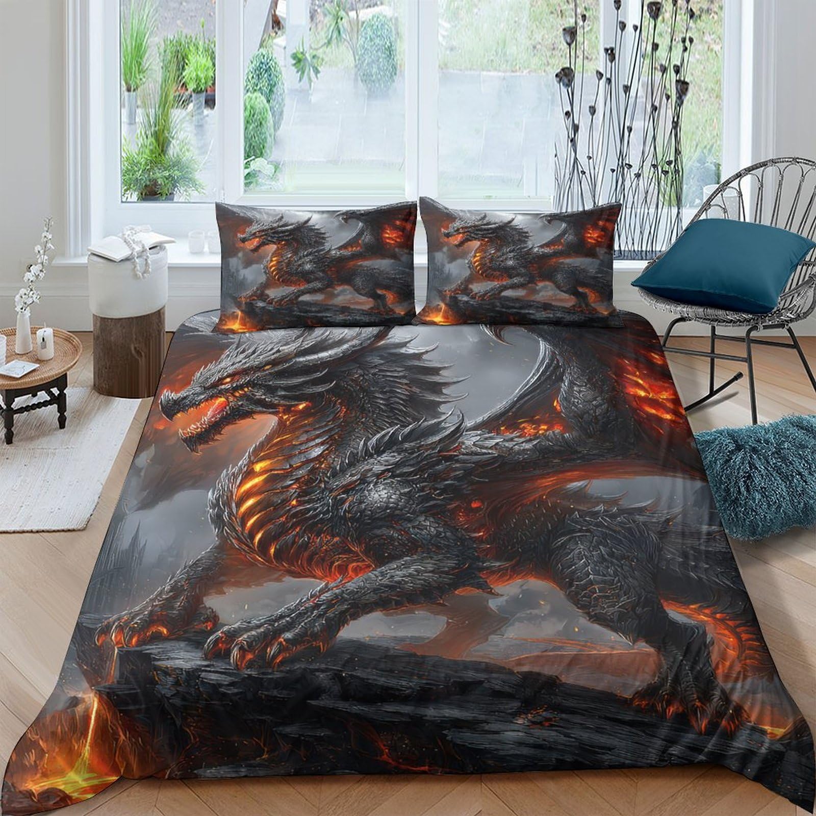 Ctjqhvkz Style-7 3D Printed Black Dragon Fitted Sheet Microfiber Soft Breathable Lava Volcano Mattress Cover For Bedroom Dorm Decor Single（135X200cm）