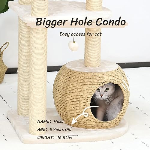 Miniatura 3 de KAMABOKO Árbol moderno para gatos, 53 pulgadas de alto para gatos de interior con postes rascadores de sisal natural, condominio tejido a mano y