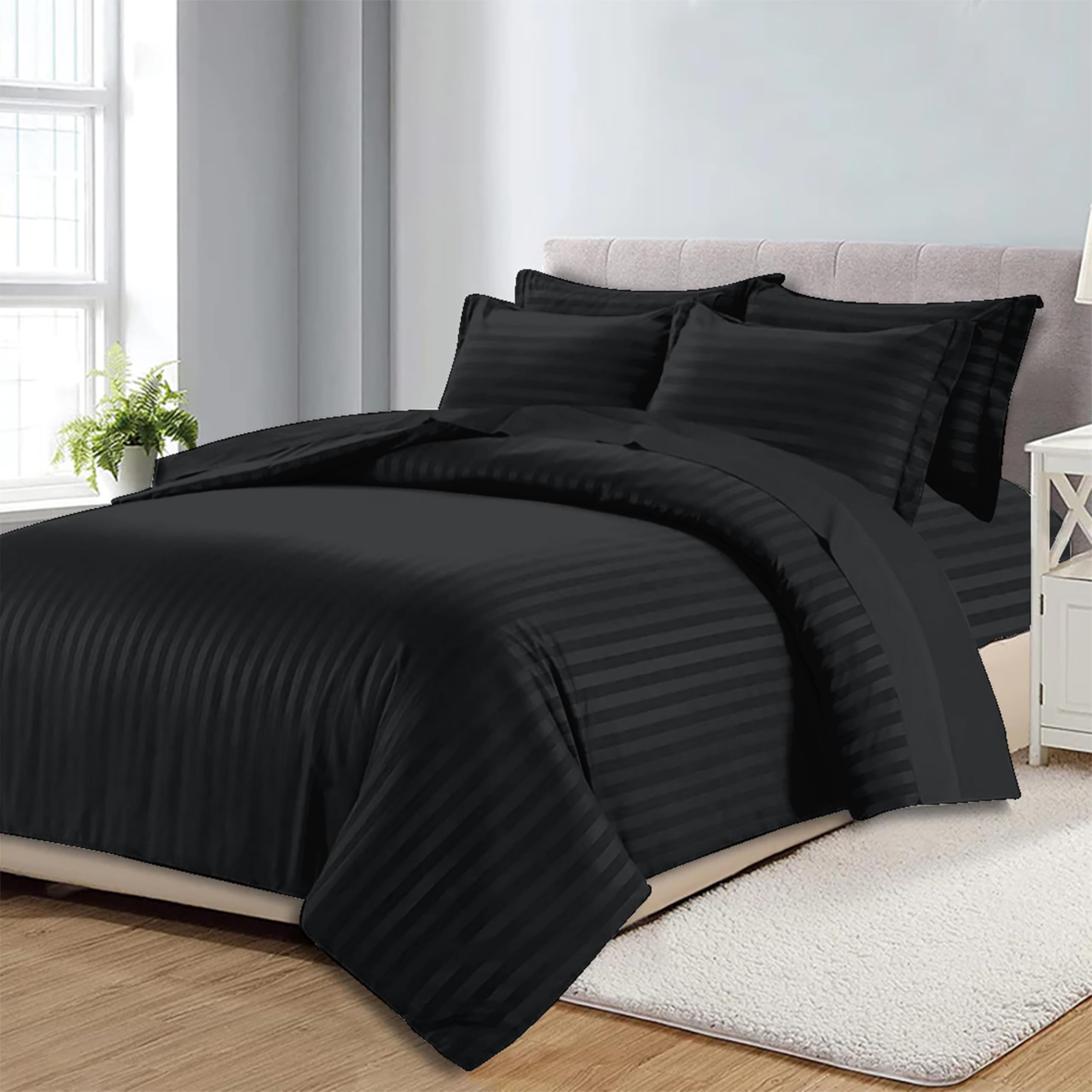 OPULENCE Hotel Duvet Cover Stripe King 6 Pcs Set - 1Pc Duvet Cover 220x240cm (Without Duvet/Filling), 1Pc Fitted Bed Sheet 200x200+30cm - 4 Pillow Cases 48x74+5cm – Hotel Quilt Cover Set (Black)