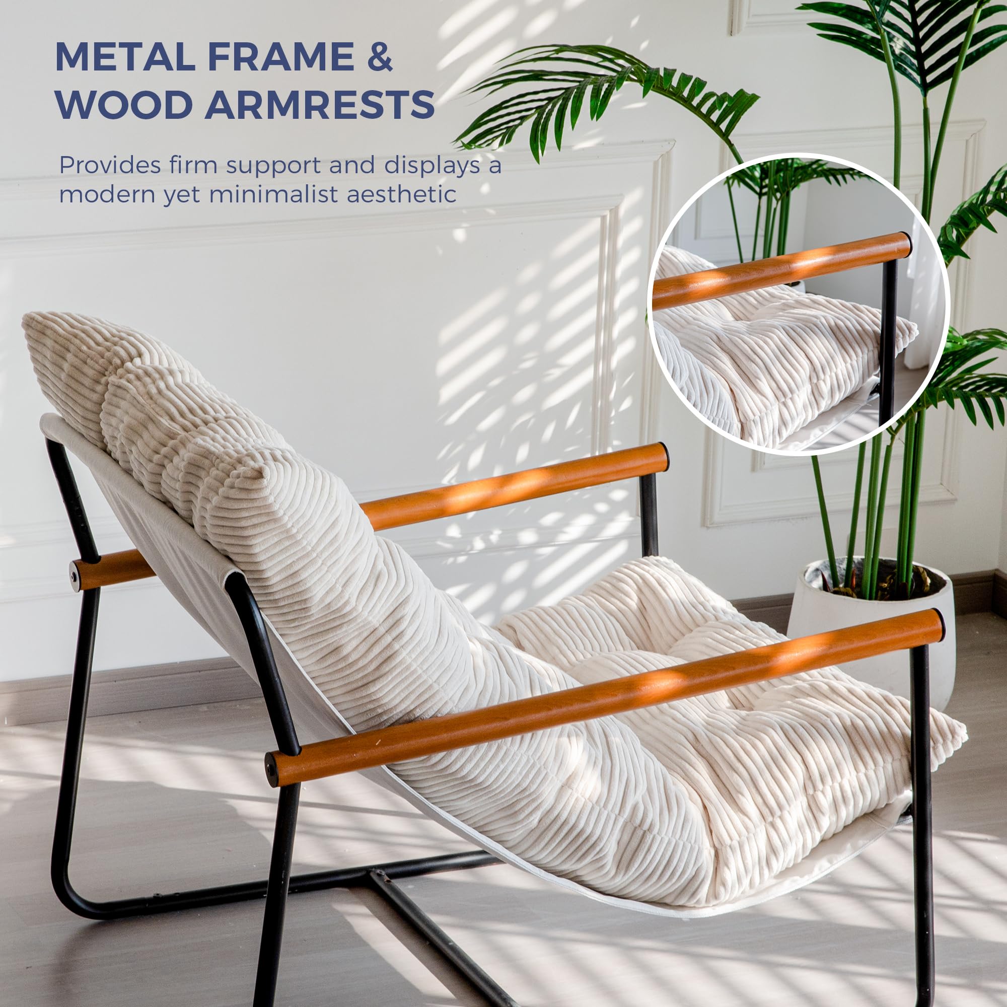 Silla decorativa moderna, cómoda silla de sala con reposabrazos de madera con marco de metal, sillón tapizado con cojín suave para dormitorio, balcón, sala de lectura, color beige 7