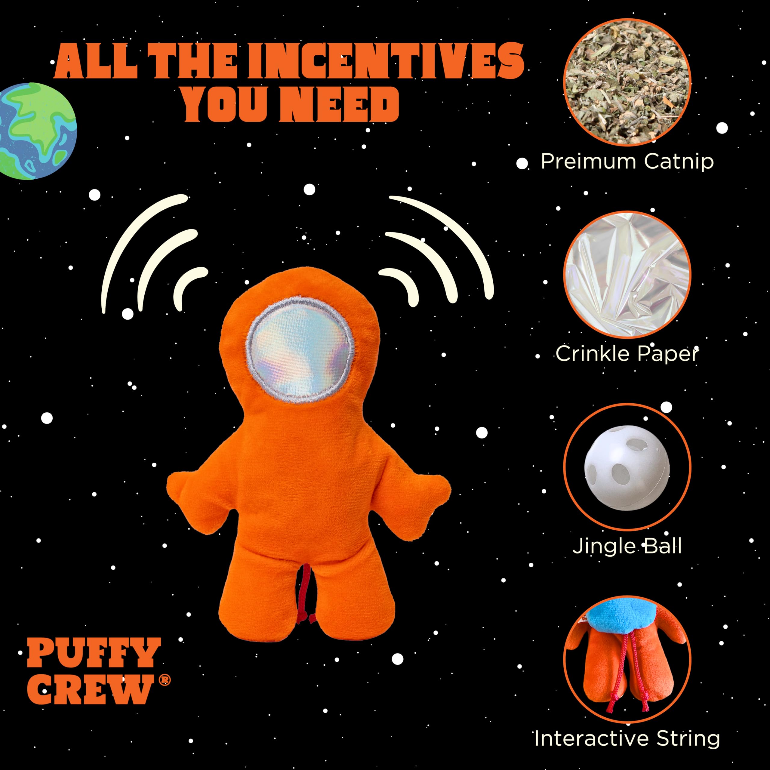 Puffy Crew Interactive Catnip Cat Plush Toy, Space Travel Theme, 5‘’, for All Breed Size Cats (Astronaut)
