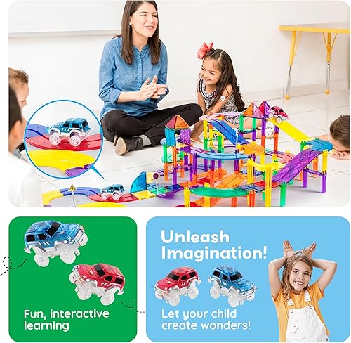 Miniatura 5 de PicassoTiles Juego de 2 autos magnéticos de juguete altamente detallados, compatible con imán, pistas de carreras, accesorios de repuesto de