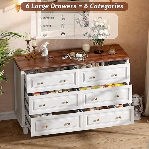 Miniatura 68 de Cómoda de 6 cajones, cómoda de mediados de siglo de 47 pulgadas de ancho, cómoda de madera para dormitorio con 6 cajones de almacenamiento para