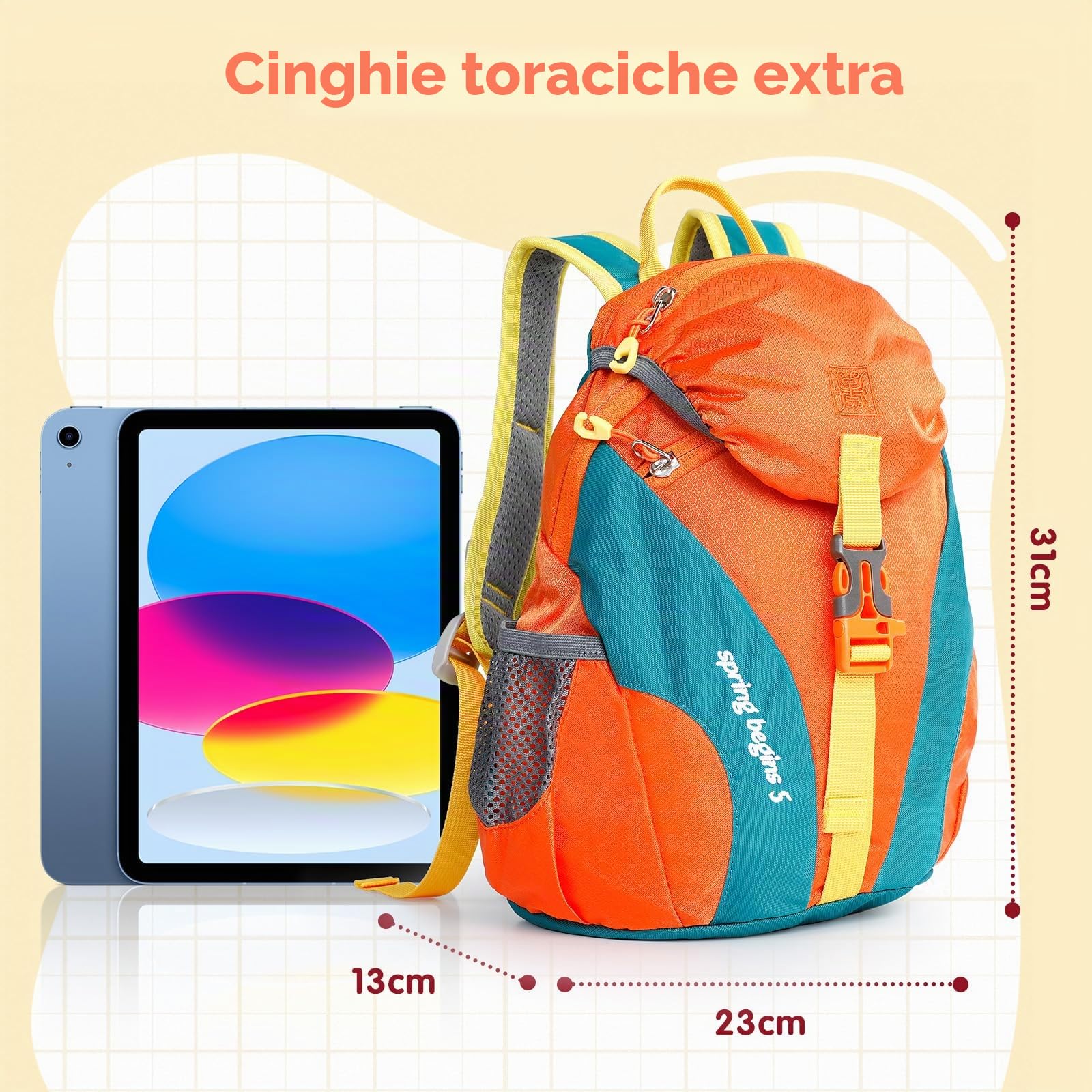 Cozary Zaino per Bambini All'Aperto, 5L Impermeabile Sportivo Adatto, Confortevole Zaino da Trekking per 1-3 Bambini, Design Traspirante, per Scuola, Viaggio e Sport, Arancione