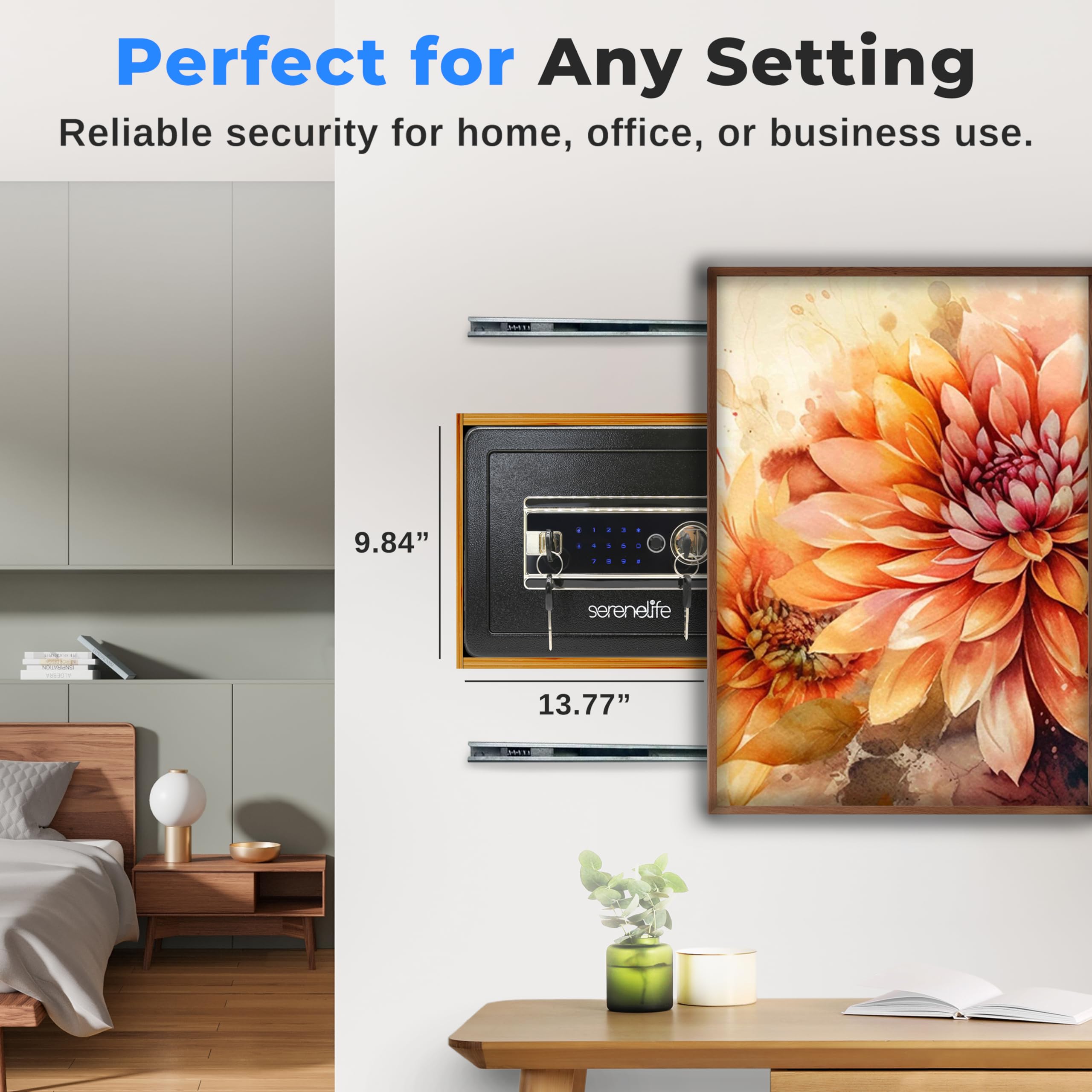 SereneLife Cassaforte, Cassaforte Piccola 39 x 25 x 25 cm con Accesso Impronta Digitale, Cassetta di Sicurezza Elettronica per Casa, Ufficio, Tastiera Touchscreen e 4 Chiavi