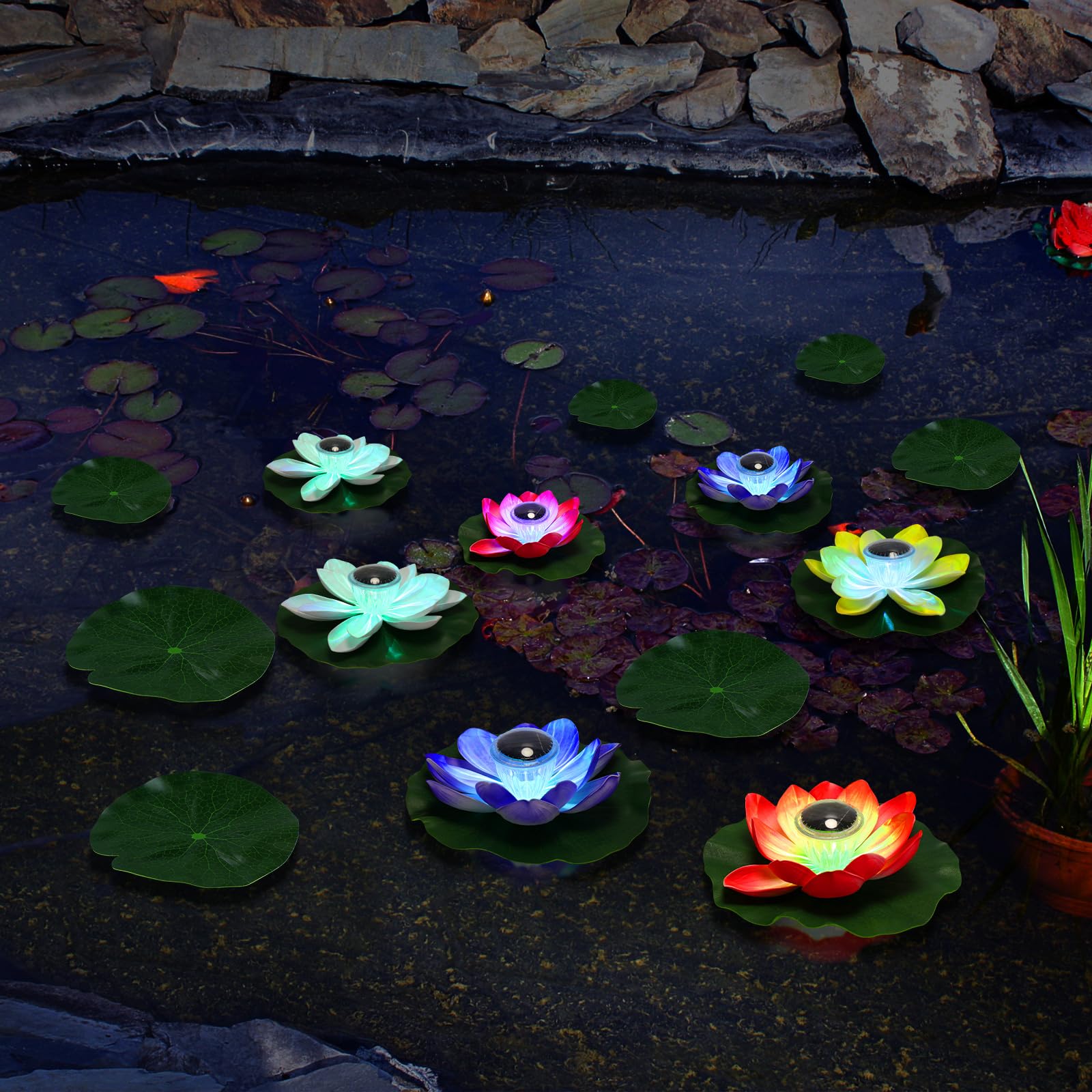 VIHOSE 16 luces solares de loto para estanque, impermeables, luces flotantes de loto solar con almohadillas de lirio, luces nocturnas flotantes para piscina, estanque, patio, jardín, piscina,