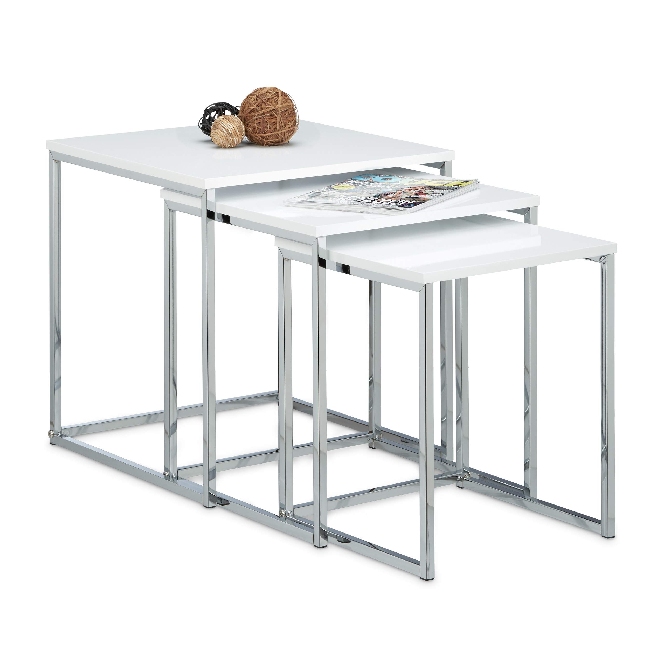 Relaxdays 10020360 Table gigogne lot de 3 HxlxP: 42 x 40 x 40 cm table basse appoint plateau carré en bois avec pieds en métal bout de canapé, blanc