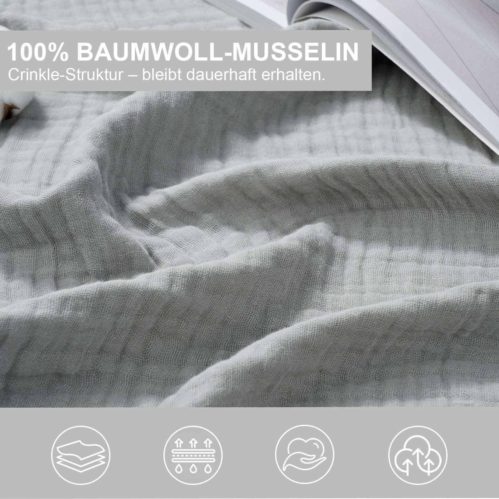 6-Lagen Musselin-Decke 150x200cm Atmungsaktiv Grau