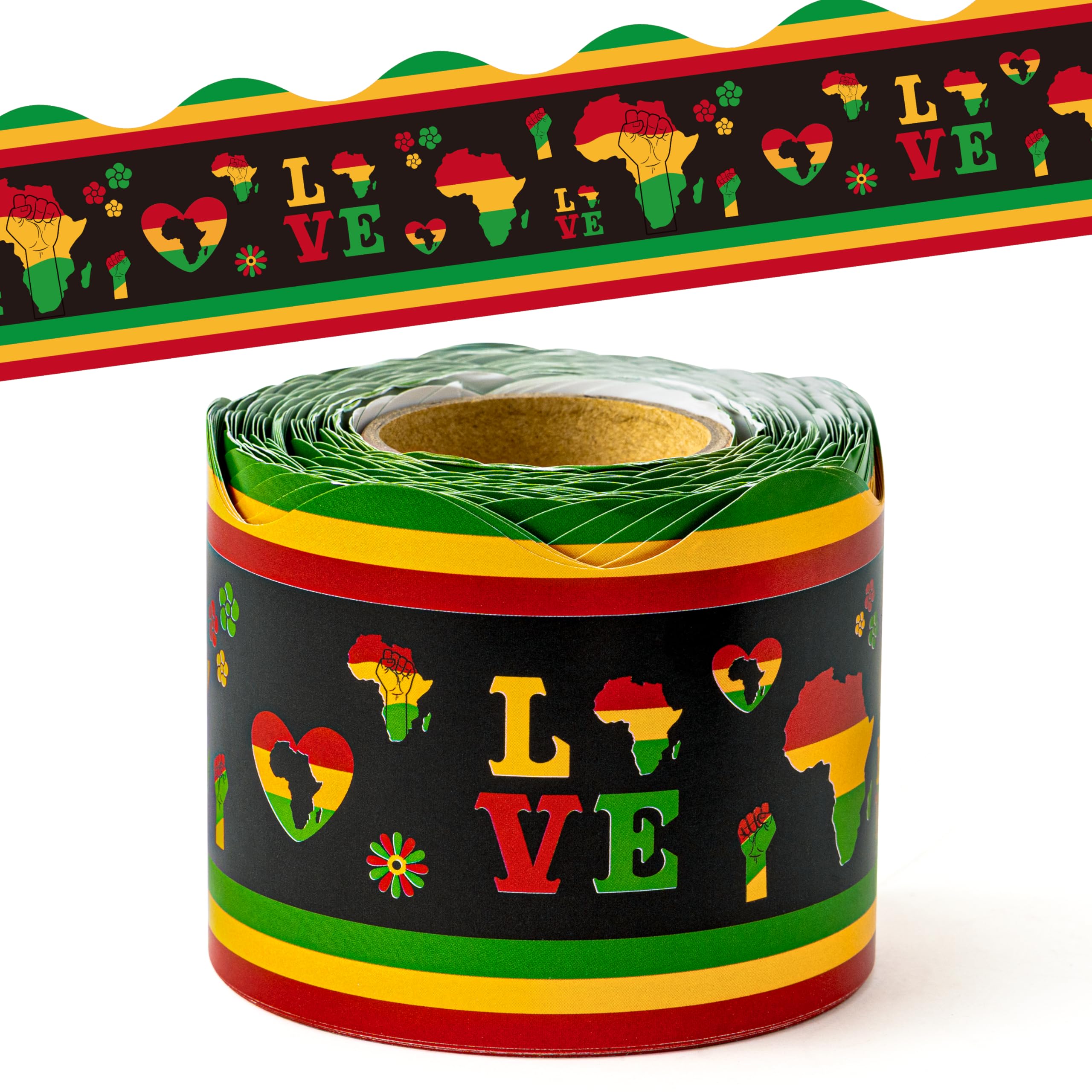 BeYumi Kwanzaa Bulletin Border Trim - 65ft Back to School Juneteenth Scalloped Rolled Border Trim African American Holiday LOVE Bulletin Board Borders Celebration Classroom Chalkboard Party Decoration
