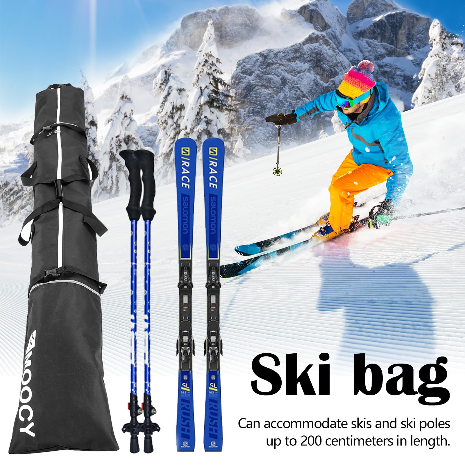 Aisny Ensemble sac à chaussures de ski - 200 cm - Accessoires pour sac de ski et sac à chaussures de ski - Longueur réglable - Design à roulettes