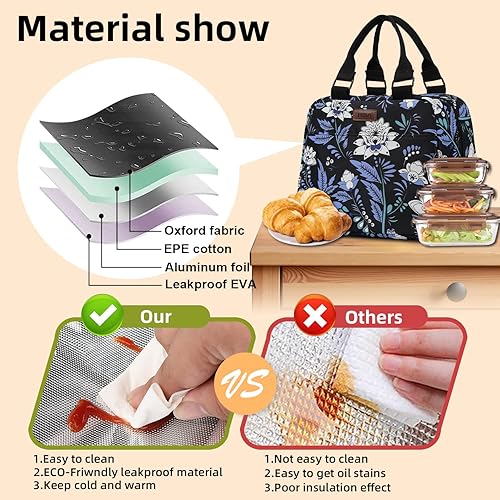 Miniatura 4 de PBRO Lonchera térmica para mujeres, bolsa de almuerzo reutilizable de amplia apertura con cinturón de hombro ajustable, bonito bordado floral,