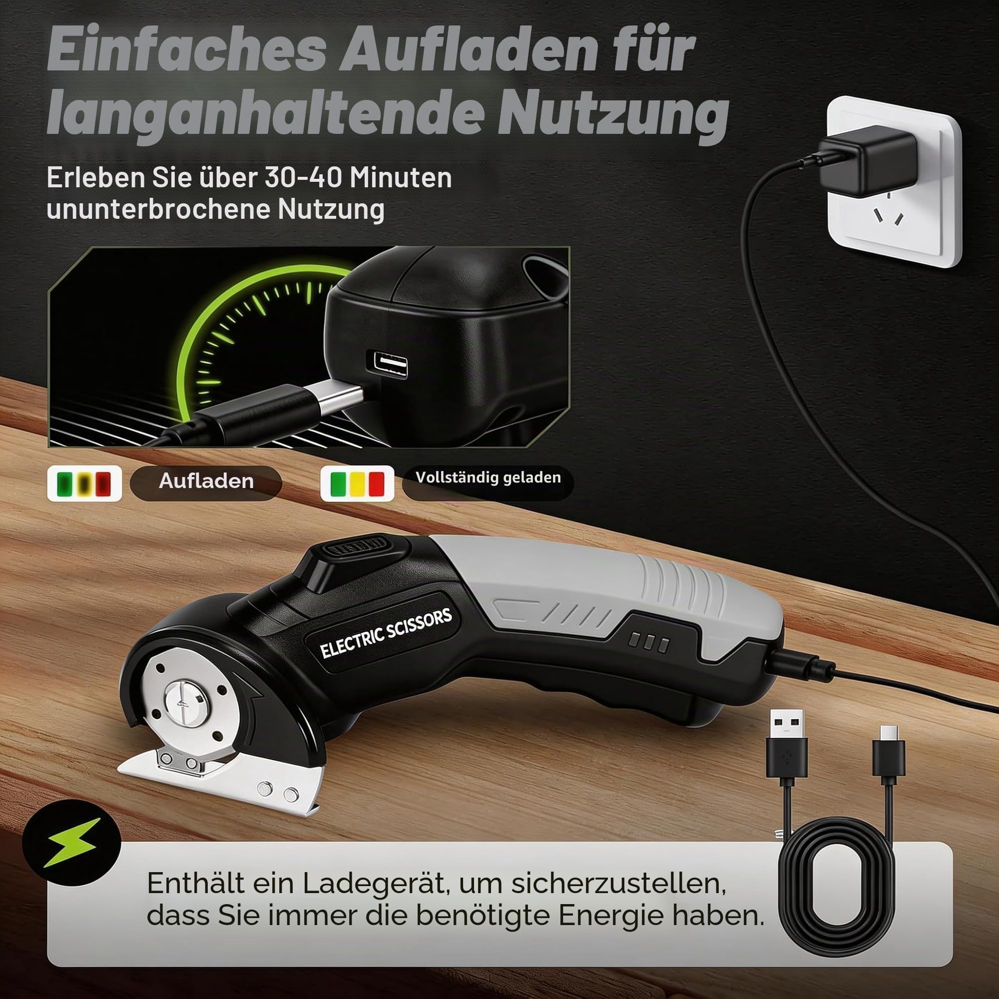 Kartonschneider Elektrische Schere Stoffschneider, Kabelloser Rollschneider Stoff Pappe Elektroschere mit Sicherheitsschloss & LED-Licht für Schneiden von Pappe Teppich Leder Filz Stoffen - 2000mAh