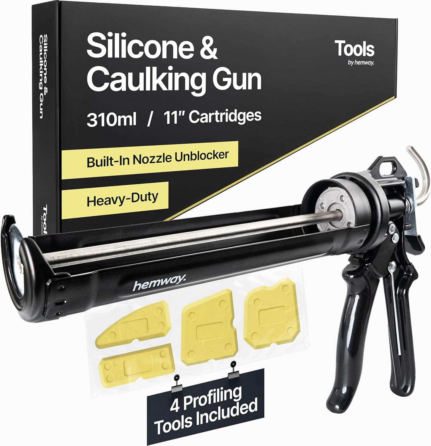 Sealant Caulk Gun & Profiling Tool 4 Piece Kit | Strong Caulking Gun for 310 ml / 10 oz Cartridge | Multi Edge Reusable Applicator Scrapers | Use with Caulk Mastic Silicone Sealant Adhesive | Hemway