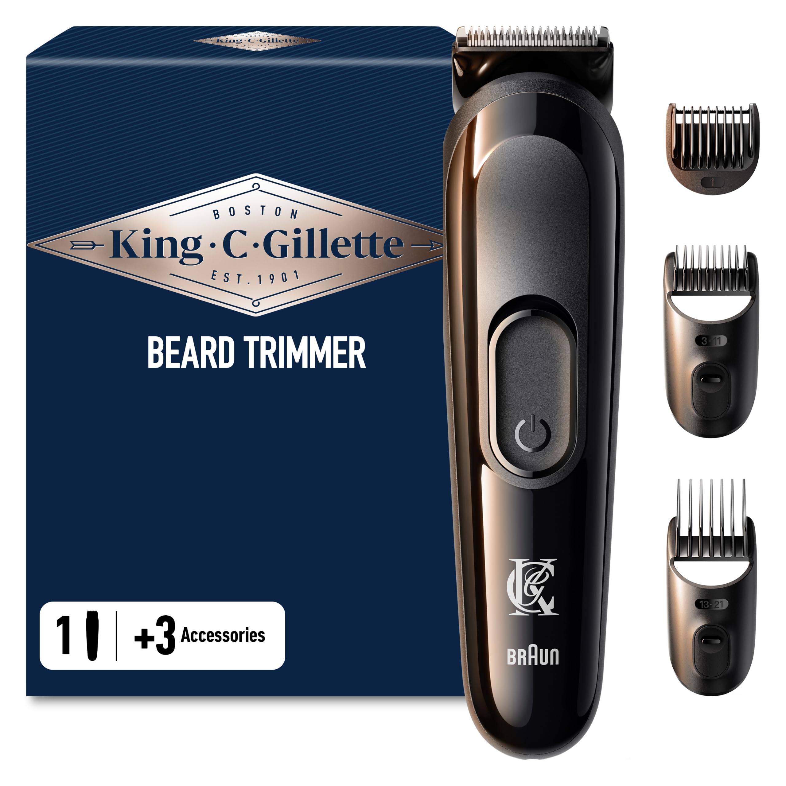 King C. Gillette Cordless Beard Trimmer for Men - 1 Trimmer, 5 Interchangeable Combs, Cleaning Brush, Charger, Zip Pouch, Rechargeable Beard Trimmer with Lifetime Sharp Blades