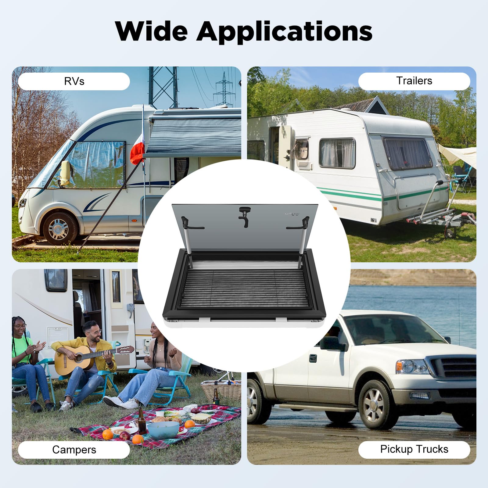 Wohnmobilfenster Ausstellfenster 600x450mm Wohnmobil Fenster 65° Wohnwagen Fenster Seitenfenster mit Integriertem Rollo und Fliegengitter, RV Externes Push Fenster für Van Camper