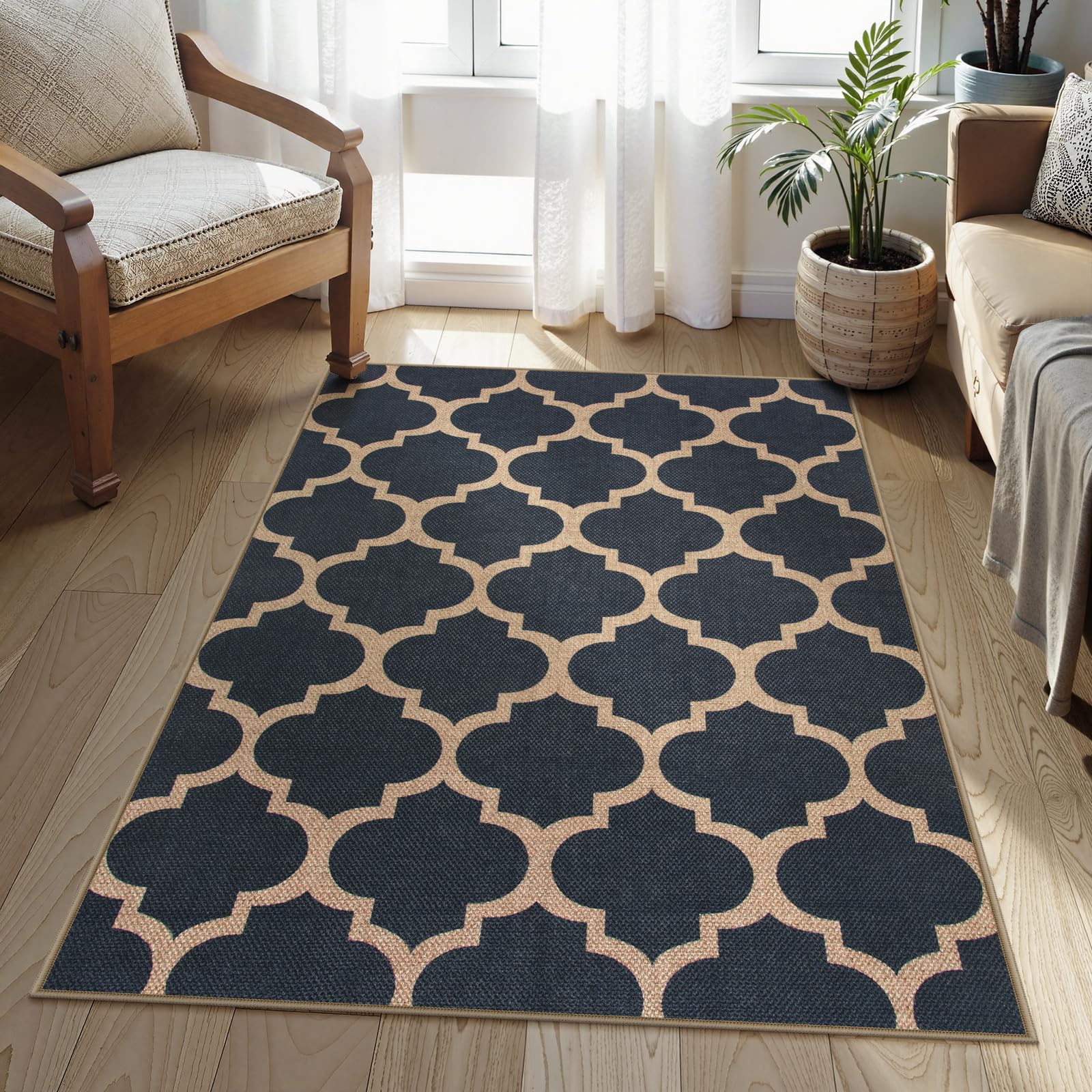 Lahome Moroccan 3x5 Outdoor Rug, Easy Jute Blue Washable Rug for Entryway Front Porch, Geometric Trellis Woven Non Slip Door Mat for Entrance, Thin Non Shedding Farmhouse Throw Rugs for Balc