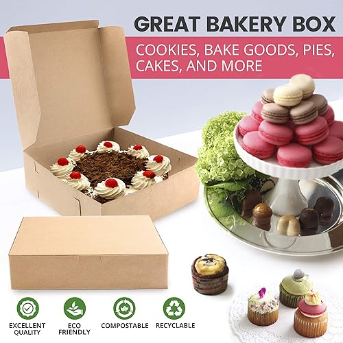 Miniatura 4 de Paquete de 25 cajas de pastelería  Caja de panadería marrón de 9 x 9 x 3 pulgadas para galletas cartón de papel kraft compostable para embalaje de
