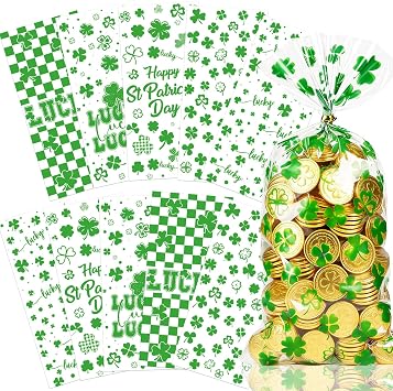 St Patricks Day Treat Bags, St Patricks Day Gift Bags for Classroom Candy Cookies, Shamrock Goodie Bags for Party Favors, St Patricks Cellophane Clear Treat Bags Green Gift Bags Party Supplies