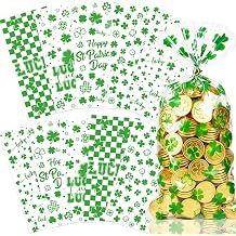 St Patricks Day Treat Bags, St Patrick's Day Gift Bags for Classroom Candy Cookies, Shamrock Goodie Bags for Party Favors, St Patricks Cellophane Clear Treat Bags Green Gift Bags Party Supplies