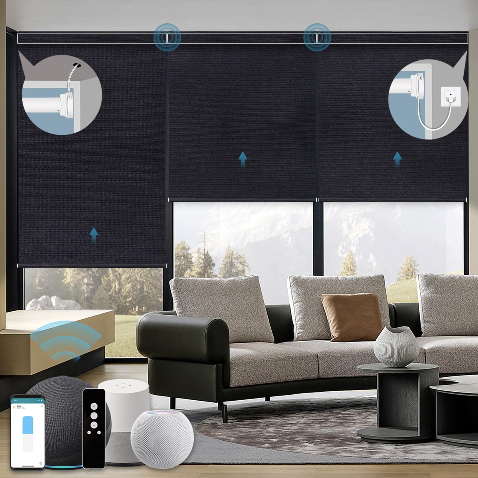 Weffort Motorized Blinds with Remote,100% Blackout Hardwired Electric Blinds,Support AC&DC Power,Compatible with Thread Matter Homekit,Alexa,Google