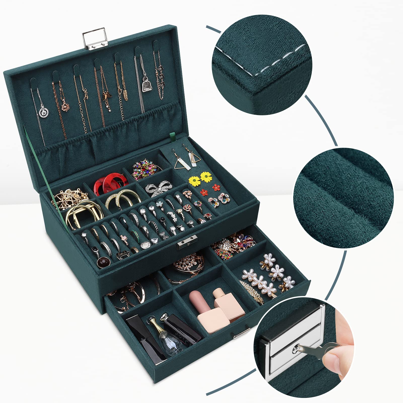 Schmuckkasten, Schmuckkästchen mit Schubladen für Damen Mädchen, Samt Schmuckbox Schmuckschatulle Groß Schmuck Organizer für Ringe Ohrringe Armbänder Halsketten, Dunkelgrün