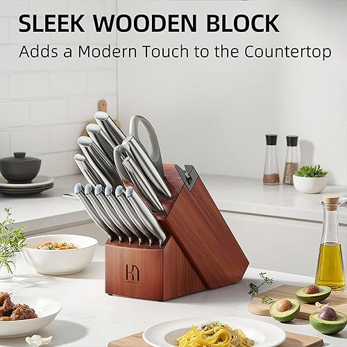 Miniatura 5 de Juego de cuchillos de acero inoxidable japonés de alto carbono, 14 piezas, juego de cuchillos de cocina con afilador integrado y bloque de madera,