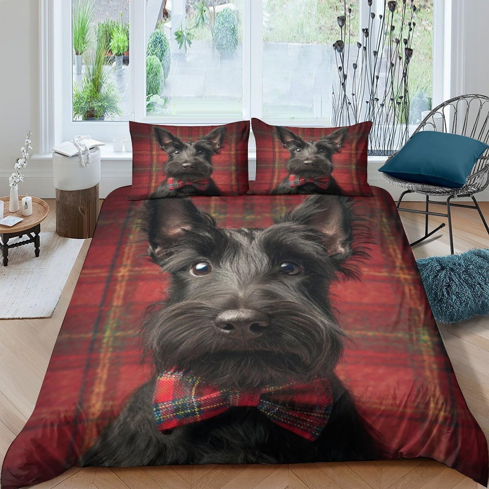 Ctjqhvkz Style-6 3D Printed Scottish Terrier Dog Fitted Sheet Microfiber Red Plaid Bow Tie Bed Cover For Bedroom Dorm Guest Room Decor Single（135X200cm）