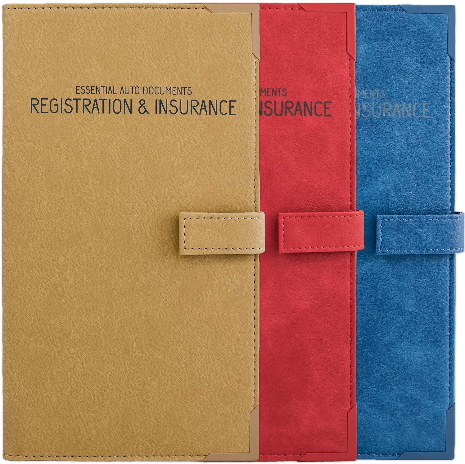 Auto Insurance and Registration Card Holder - Vehicle Glove Box Document Organizer - Car Essential Paperwork Holder for DMV, AAA, Contact Information Cards - BEIGE + RED + BLUE BUNDLE