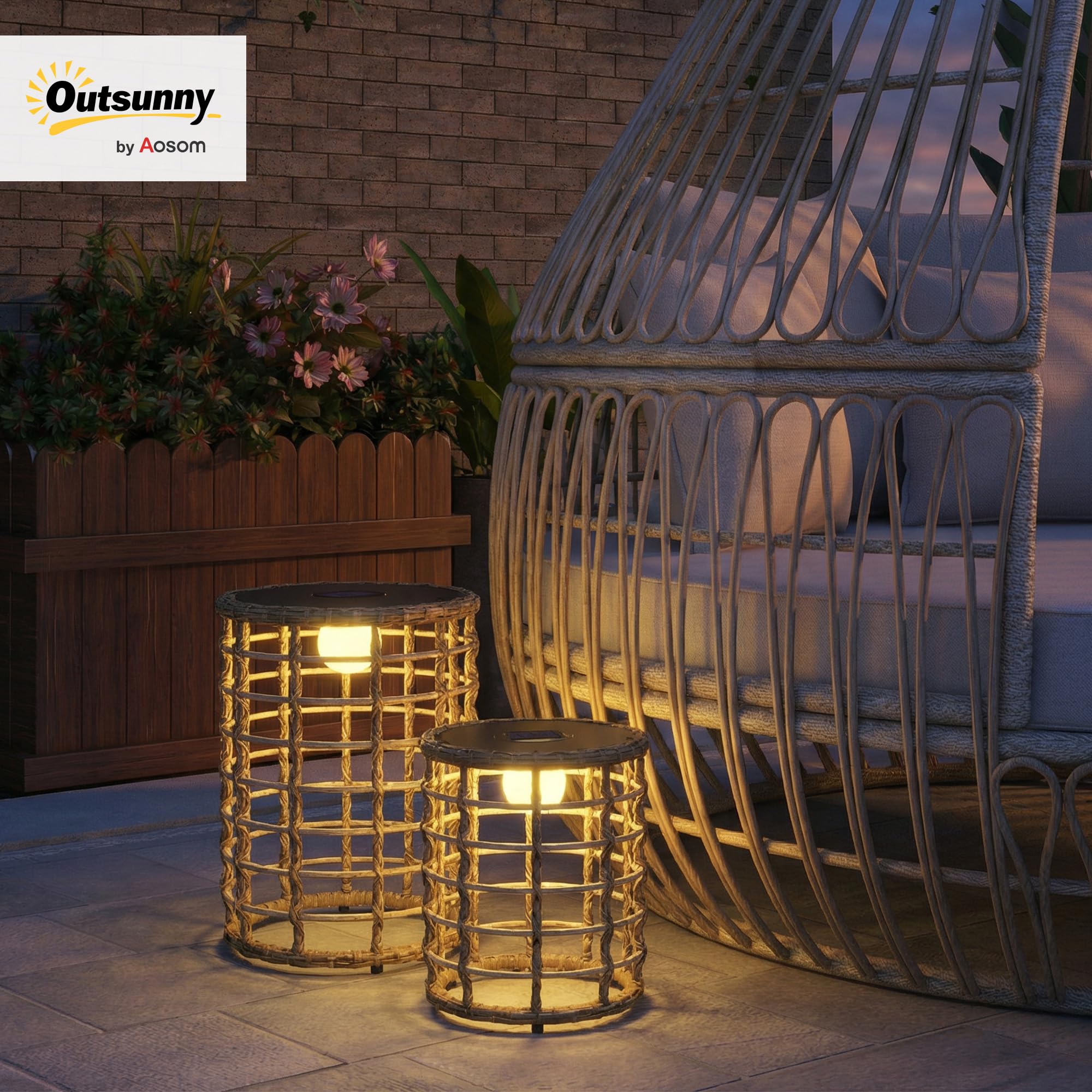 Outsunny Set di 2 lampade solari a energia solare in rattan con sensore di luce, lampada solare a LED in stile boho, IP44, impermeabile, per giardino, balcone, esterno, prato, cortile