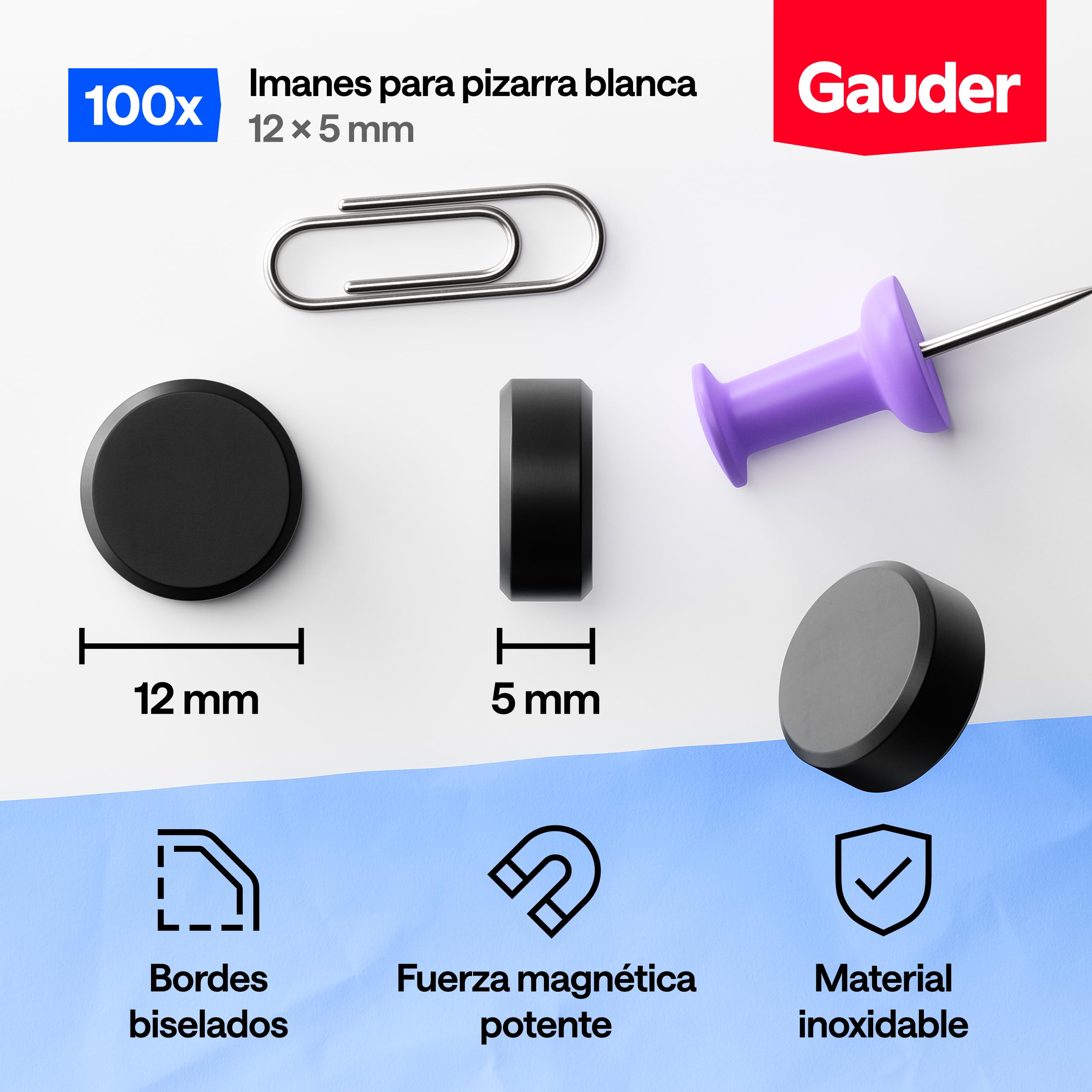 GAUDER Imanes para Pizarra Blanca 100 piezas 12 x 5 mm Discos Magnéticos Redondos Fuertes