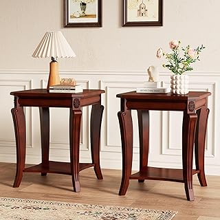 PADMA HOUSE Set of 2 Solid Wood Small End Table with Storage Shelf, Vintage Square Sofa Side Table with Splicing Tabletop and Curved Legs, 2-Tier Bedside Tables Nightstand in Cherry,19.7" Dx23.8 H