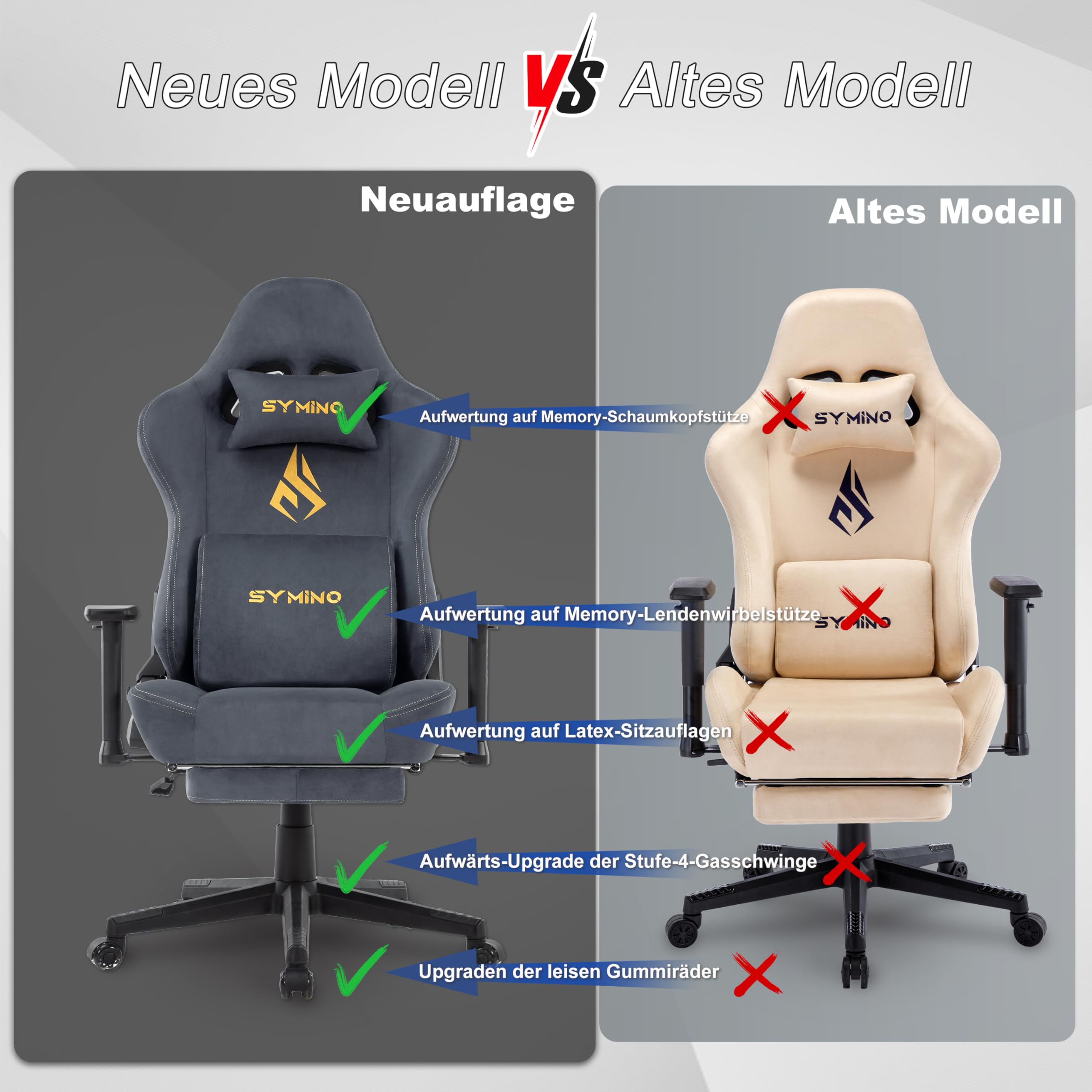 Symino Chaise Gamer XL, Siège Large Mousse+Latex, Support Lombaire & Tête, Inclinaison 175°, 300kg, Roues Silencieuses Incluses (Faux Daim, Gris)