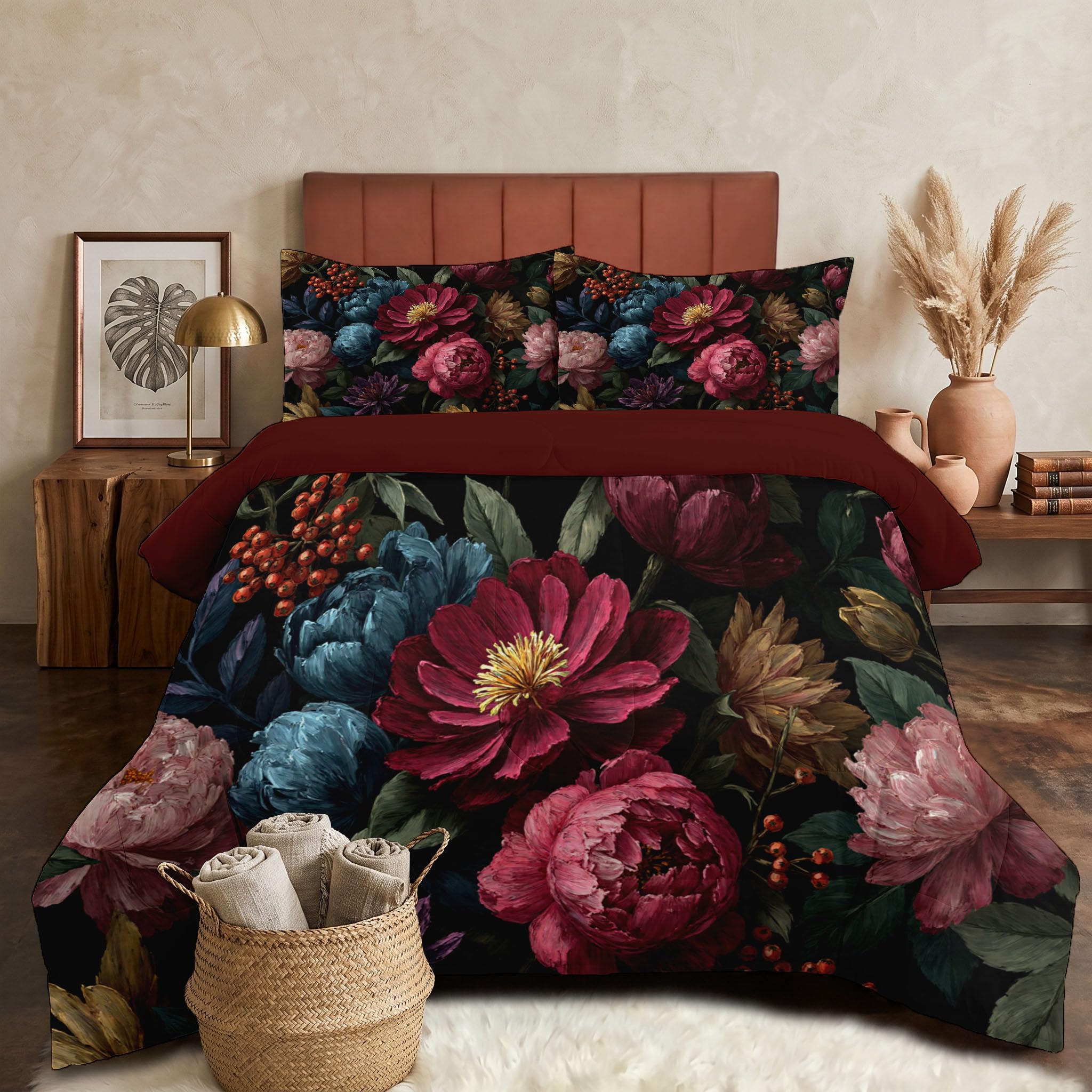 Bettdecke Retro-Ölgemälde Blumen 4-Jahreszeiten Steppdecke in 240x220 cm mit Pfingstrosen Beeren Zweige Blätter, Warme und Weiche Schlafdecke ohne Bezug mit Kissenbezügen, Ziegelrot