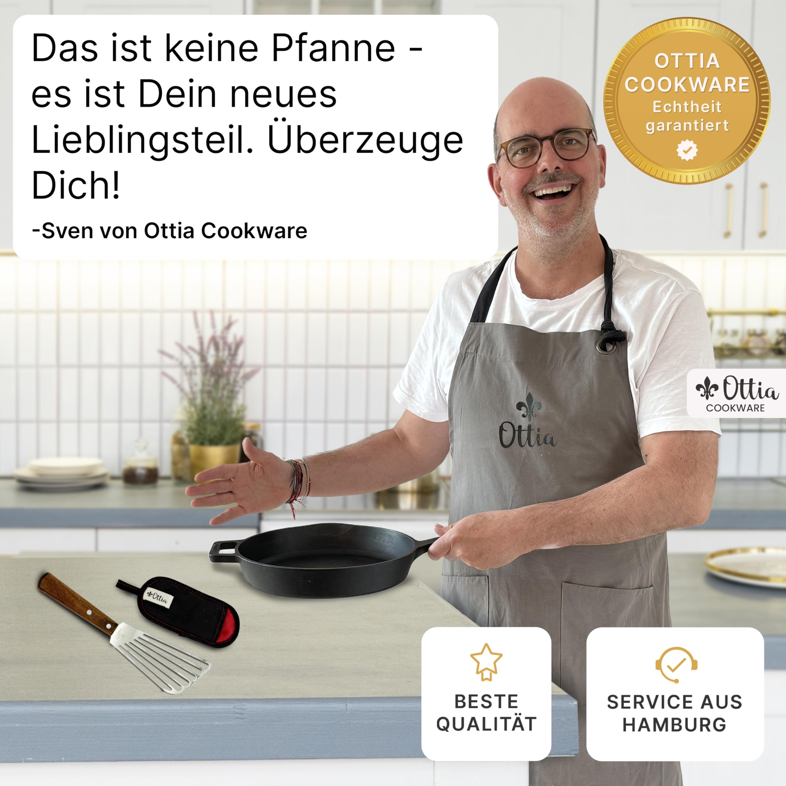 Ottia reine Gusseisenpfanne Induktion 28cm (ungeschliffen), mit eKochbuch, Pfannenwender, waschbarem Hitzeschutz, Gusseisen, Eisenpfanne, Cast Iron Pan, Händler aus Hamburg