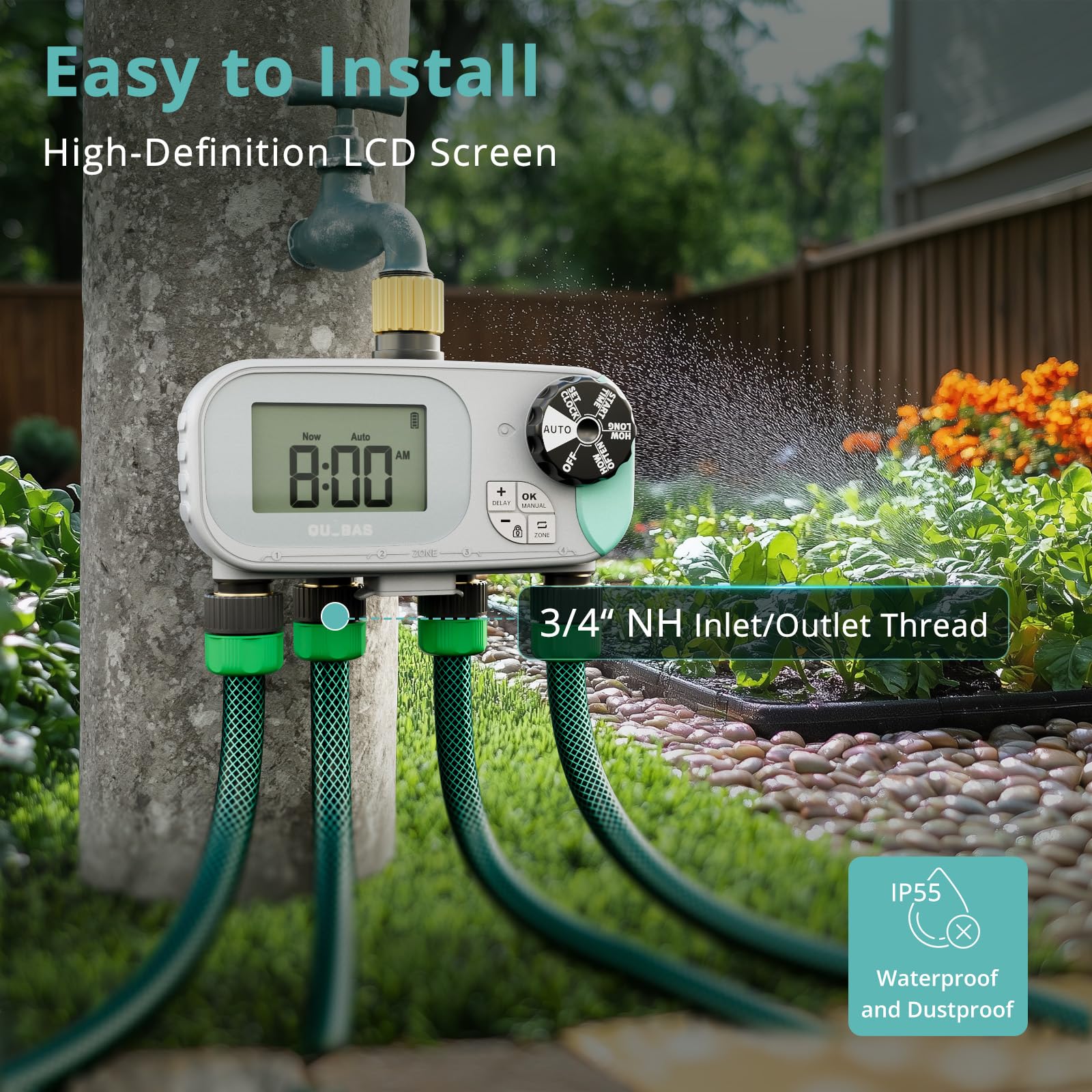 QUOBAS Timer per irrigazione a goccia, per tubo da giardino, programmabile, in ottone, digitale, 4 zone, per irrigazione a goccia, piscina, con ritardo della pioggia/auto/manuale, schermo impermeabile
