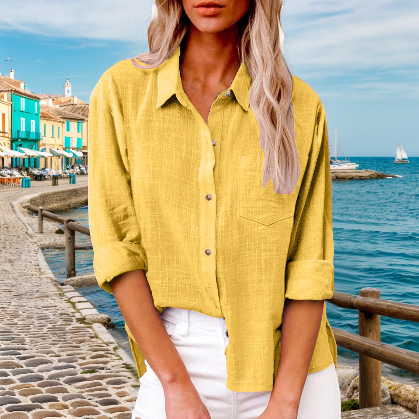 Camisas de gasa con botones para mujer, de verano, a la moda, de manga larga, cuello Vcation, de lino, de gran tamaño, con solapa, primavera, muselina, túnicas de algodón, casual, con abertura lateral