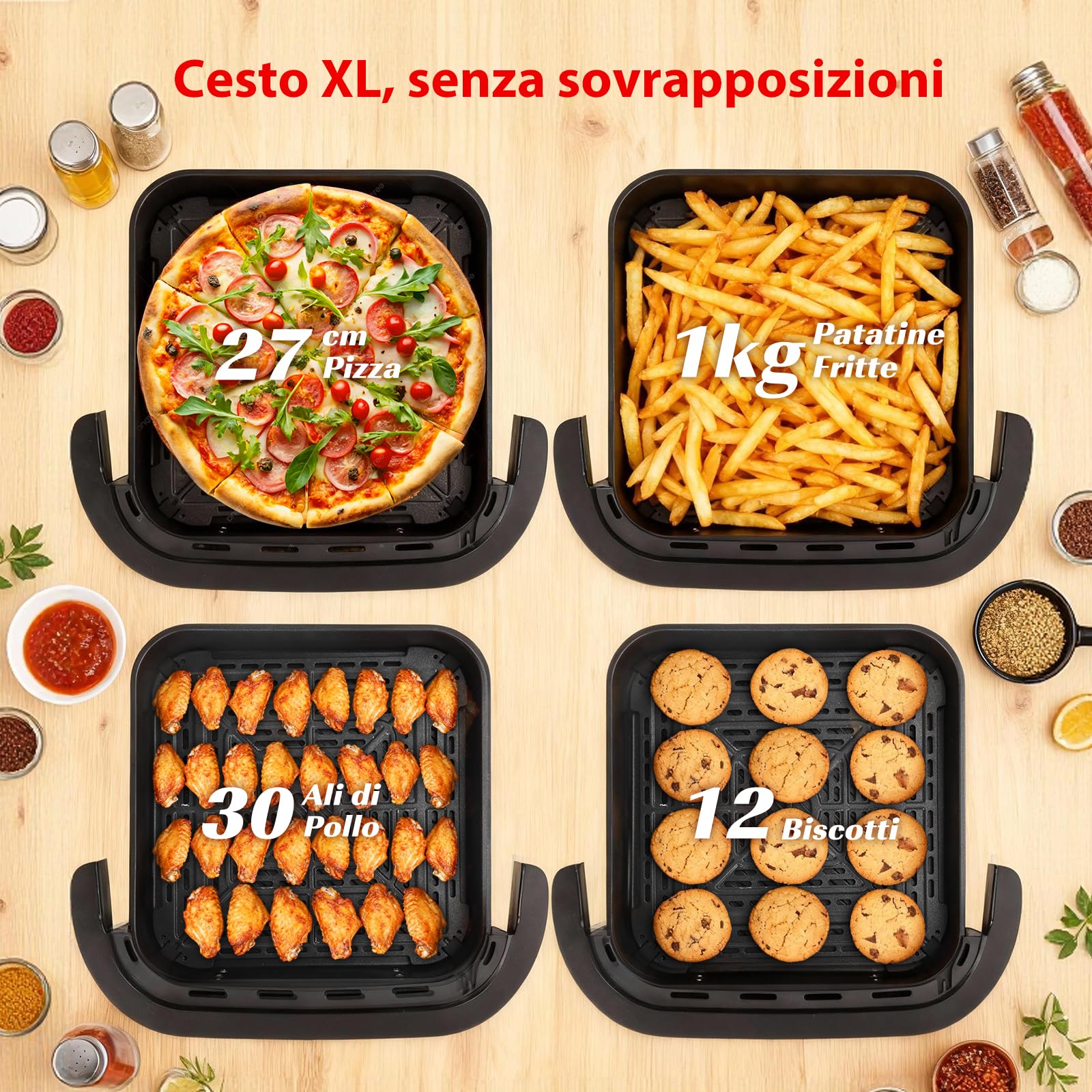 Aigostar Friggitrice ad Aria XXL 745cm² Surface, 2200W Silenzioso Extra-Crisp Technologie + Doppia Resistenza, 11 Programmi (Pizza Surgelata), Touchscreen, Finestra Illuminata, Interno Metallico, Nero