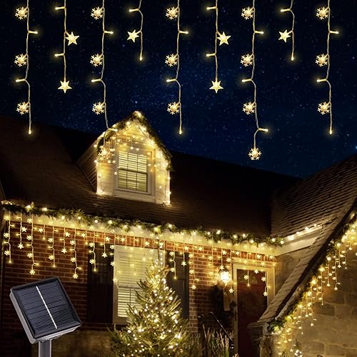 Miniatura 7 de Luces solares de carámbano de Navidad de 30.5 pies para exteriores, 8 modos de copo de nieve y decoración de Navidad de estrella, luces solares