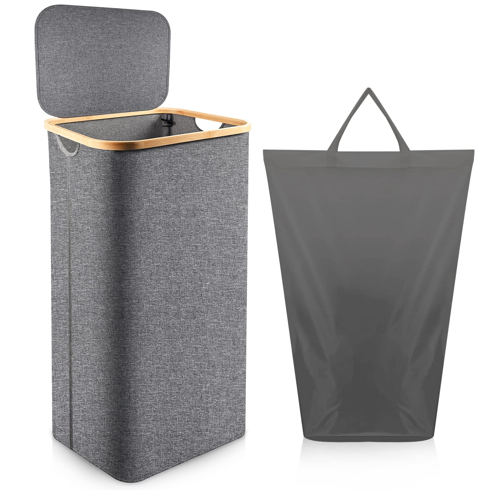 100L Laundry Basket with Lid - Washing Baskets for Laundry with Removable Laundry Bag, Grey Clothes Hampers Basket Bamboo Laundry Bin for Laundry Room Bedrooms Bathrooms(Gray)