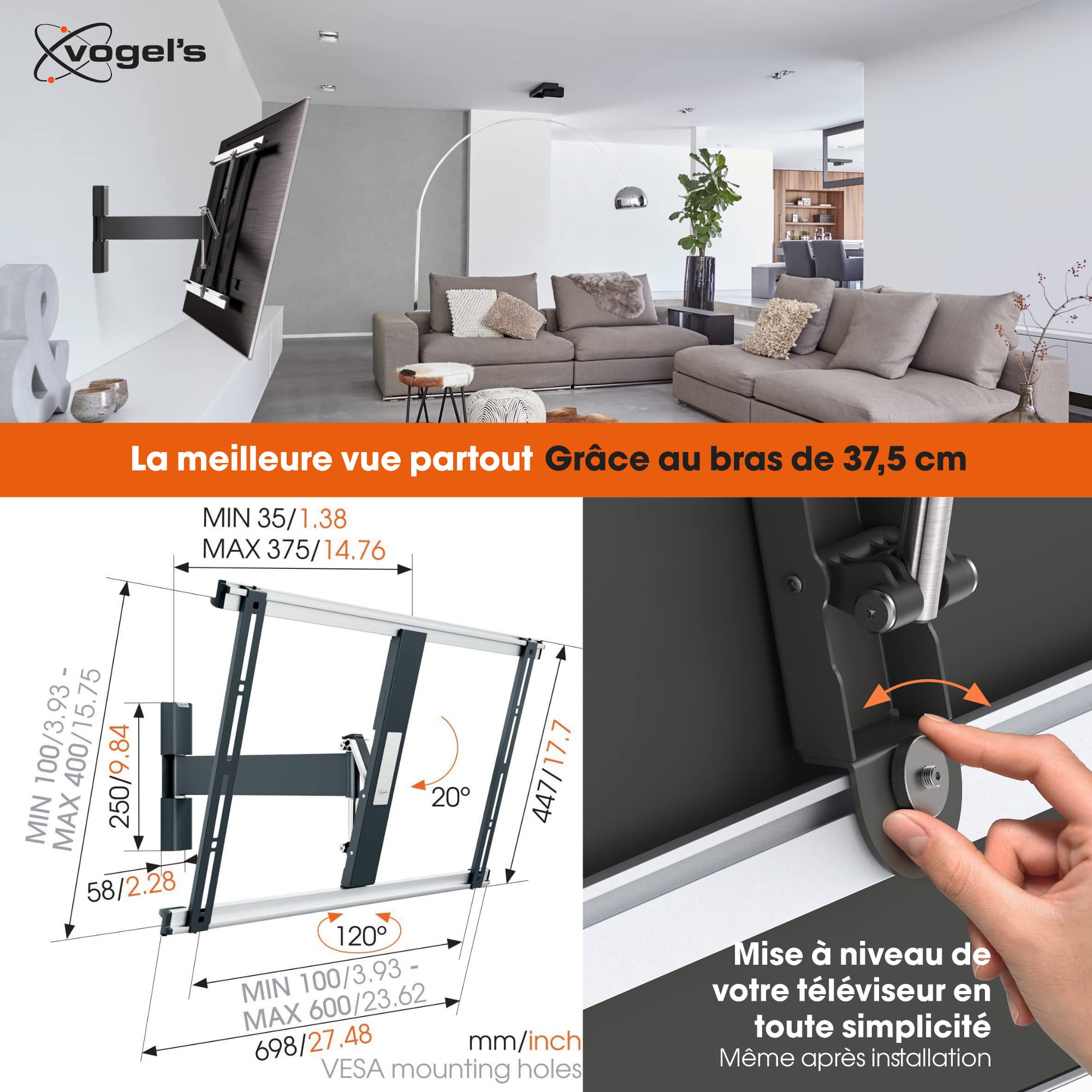 Vogel's Thin 525, Support Mural pour TV 40-65 Pouces, Inclinable et Orientable 120º, Max 25 kg et Jusqu' à VESA 600 x 400 cm Noir