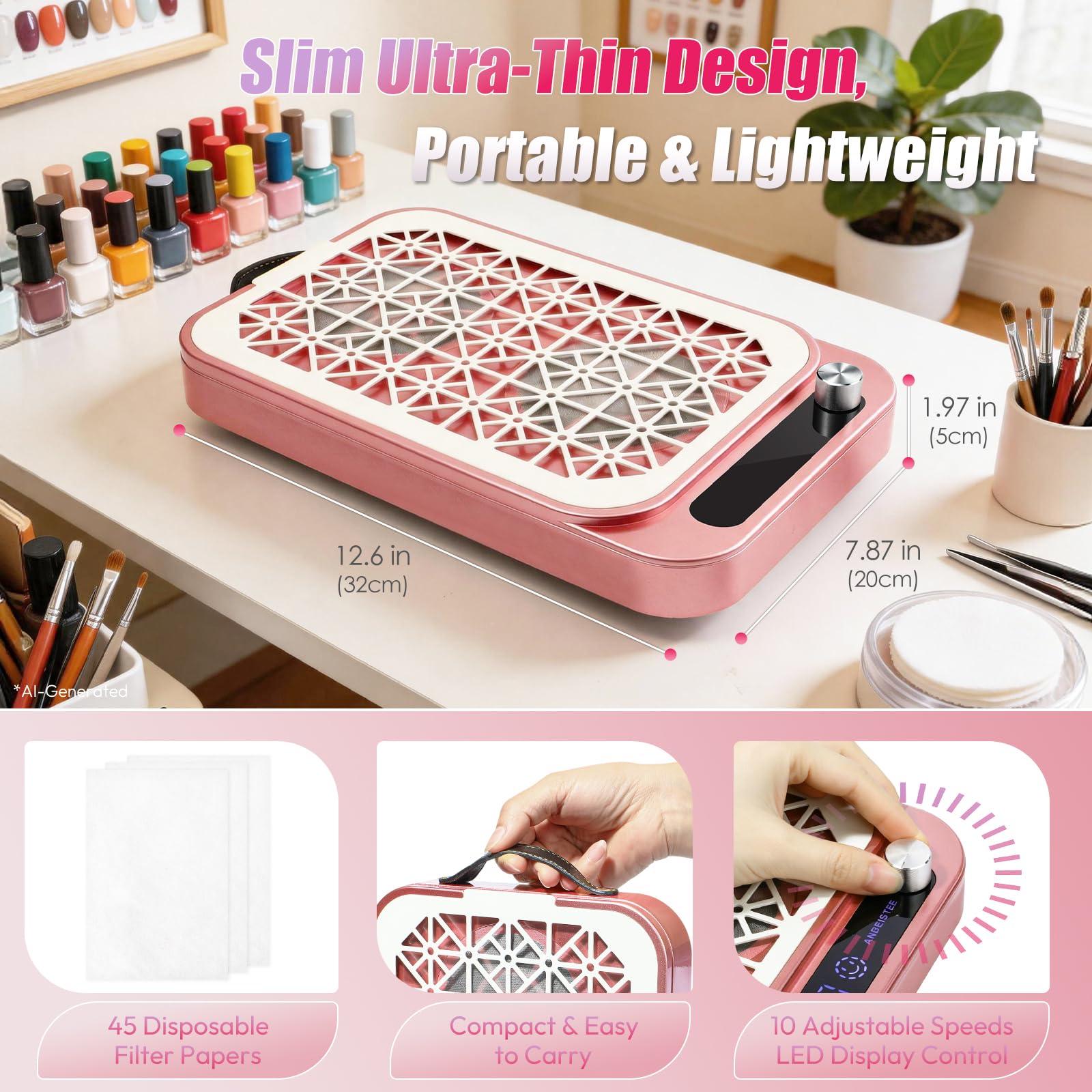 Colector de Polvo de Uñas, 2000PA Profesional Colector de Polvo de Tecnología Uñas con 45 Papeles de Filtro Desechables para Manicura en el Salón de Uñas y Casa Bricolaje, Rosa