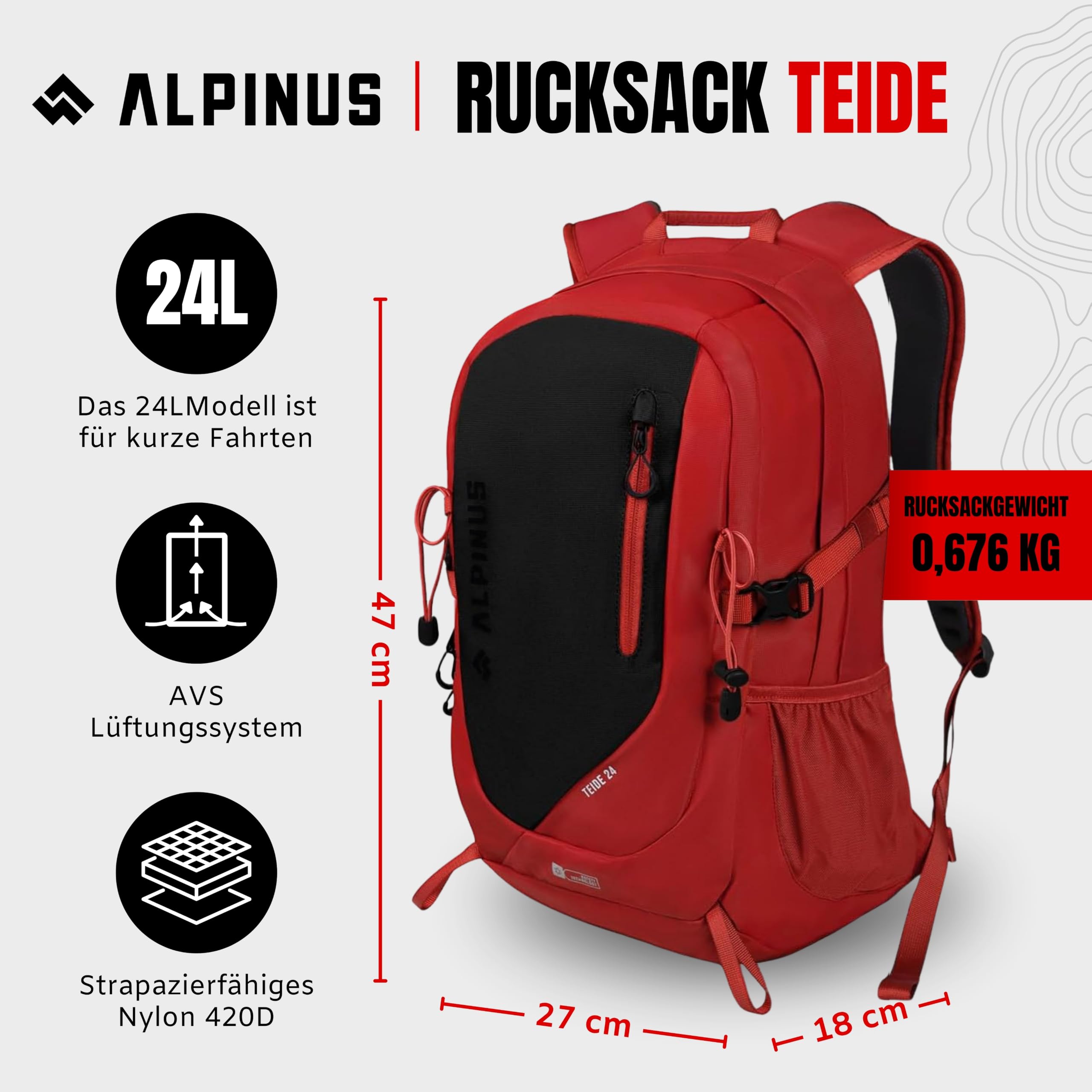 Alpinus Teide Wanderrucksack 24L Rot - Schwarz - Leichter Trekkingrucksack für Herren & Damen mit Belüftungssystem AVS, Kompakter Outdoor Daypack für Wandern, Tagestouren & Reisen, Regenschutz