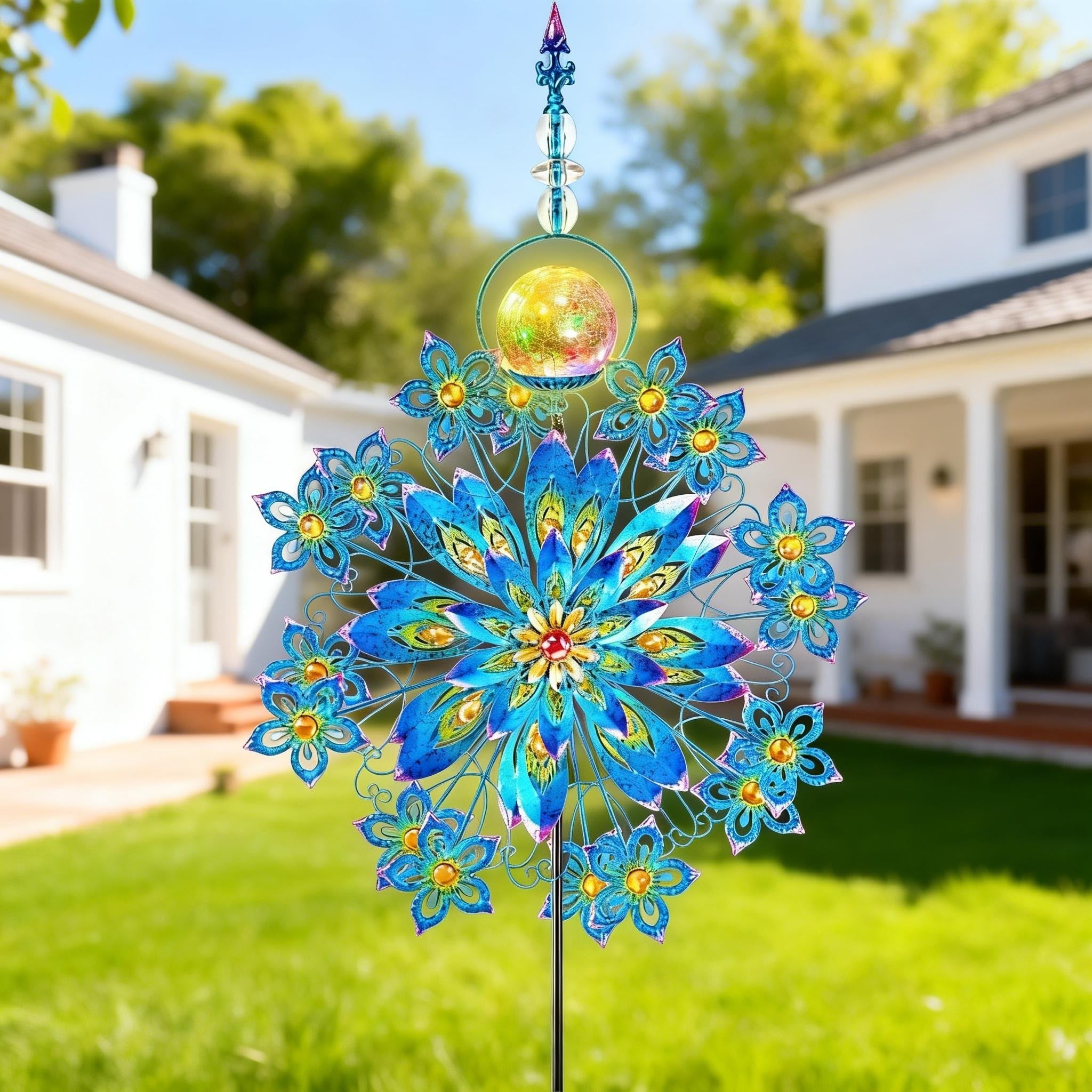 Kircust Large Solar Wind Spinner with Glass Ball - Peacock Themed
