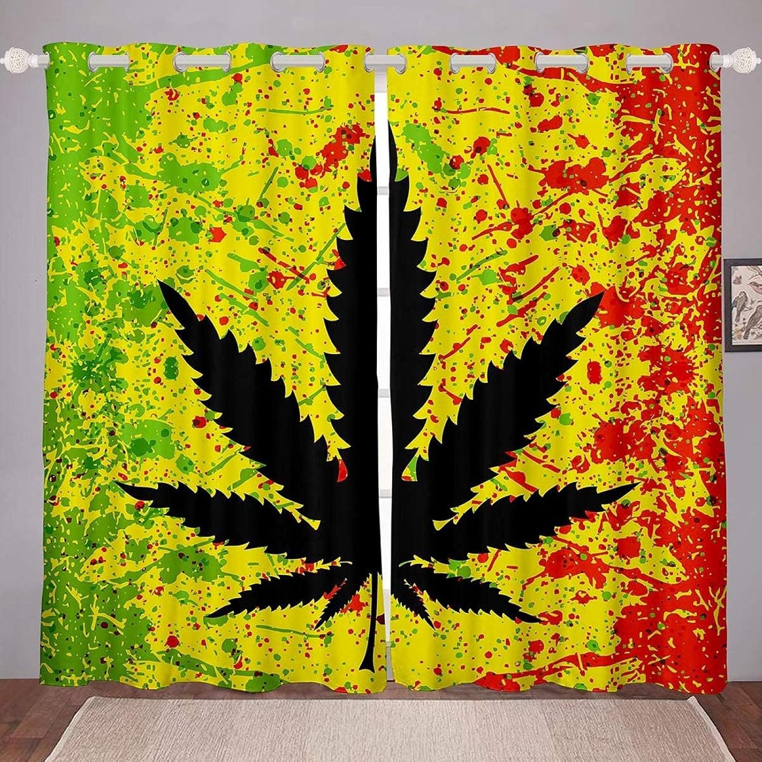 LKCD Cortinas Opaca Hoja De Marihuana Rojo Verde Amarillo Tie Dye Planta 140X160Cm Termicas Aislantes Reducir Ruido para Dormotorio Cuarto De Los Niños 2 Piezas Muy Suaves 3D Cortinas con Ojales